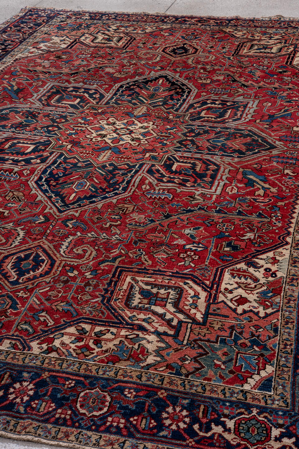 8' x 11' one-of-a-kind handmade vintage Heriz large size rug. Color palette: blue, brown, burgundy, dim gray, fiord, gray