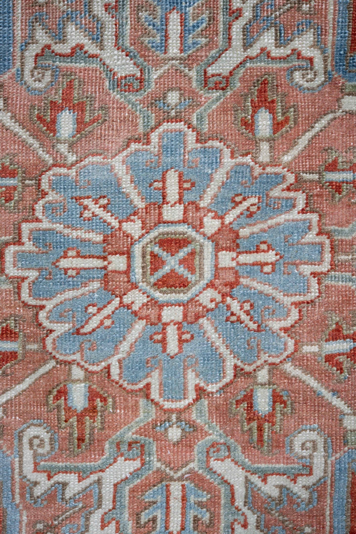 7' x 11' one-of-a-kind handmade vintage Heriz large size rug. Color palette: terra cotta, powder blue, ivory, rust, sky blue