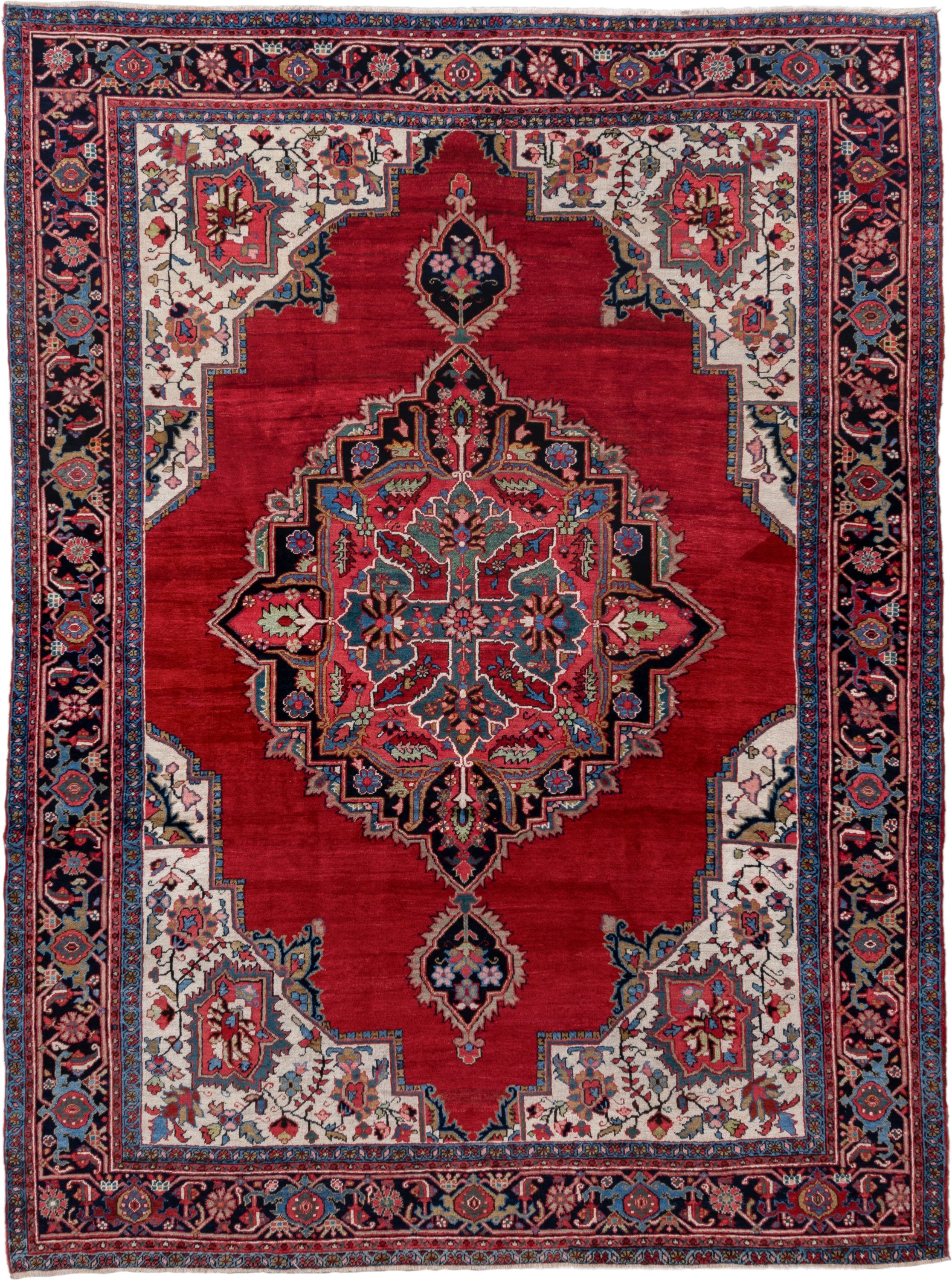 8' x 11' one-of-a-kind handmade vintage Heriz large size rug. Color palette: red, navy, ivory, sky blue, rose, coral