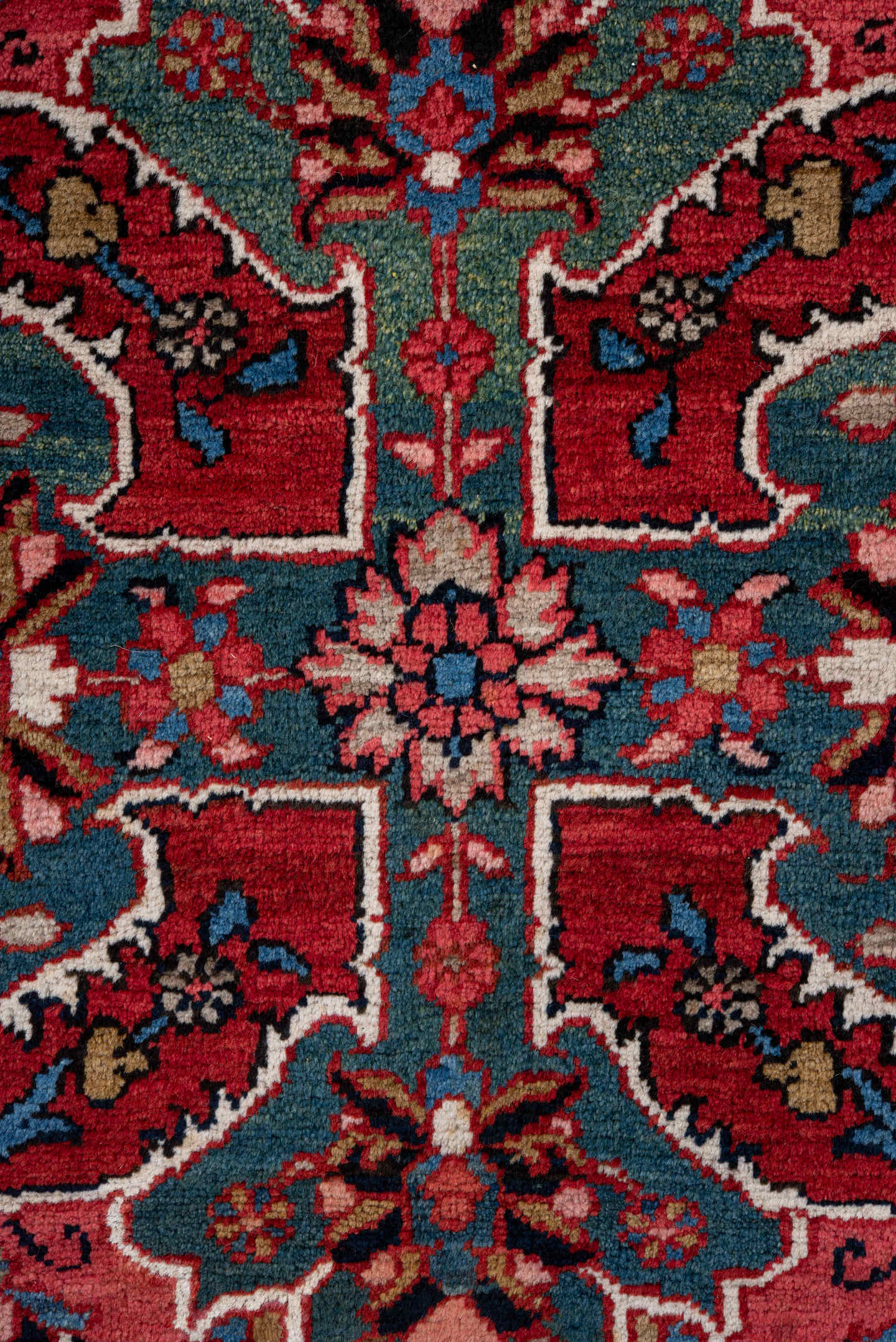 8' x 11' one-of-a-kind handmade vintage Heriz large size rug. Color palette: red, navy, ivory, sky blue, rose, coral