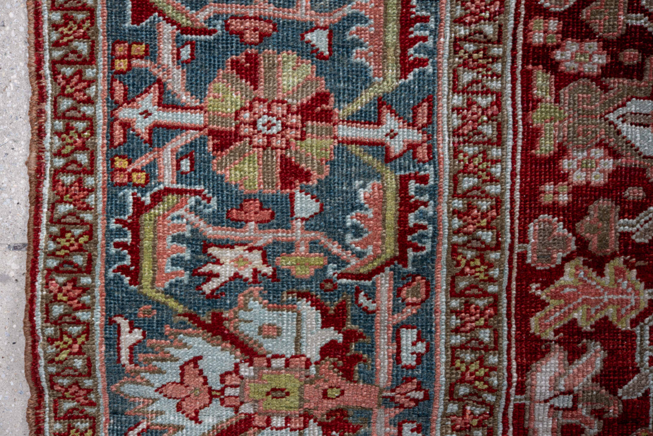 8' x 12' one-of-a-kind handmade vintage Heriz large size rug. Color palette: rust, powder blue, ivory, rose, navy, sage