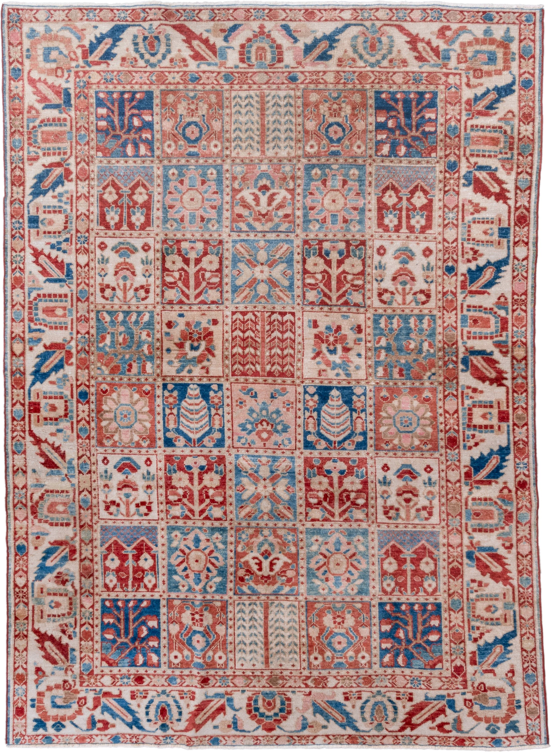 7' x 9' one-of-a-kind handmade vintage Baktiary rug. Color palette: ivory, coral, brick red, sky blue, dusty rose