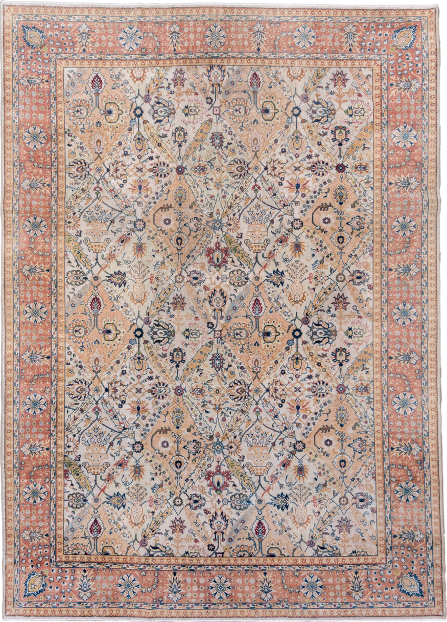 4' x 9' one-of-a-kind handmade vintage Tabriz runner rug. Color palette: ivory, salmon, blue, gold, rose, taupe, navy, pink