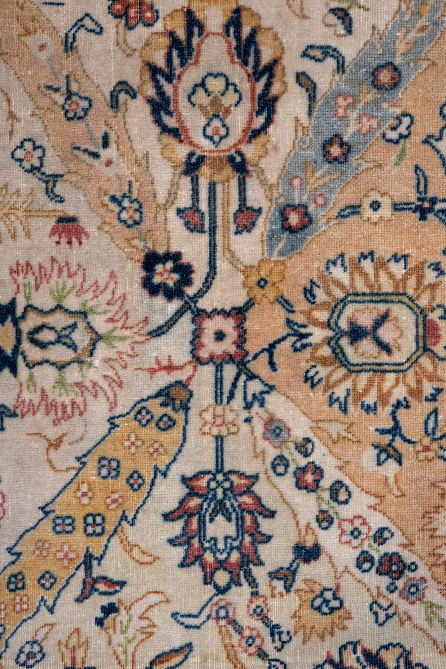 4' x 9' one-of-a-kind handmade vintage Tabriz runner rug. Color palette: ivory, salmon, blue, gold, rose, taupe, navy, pink