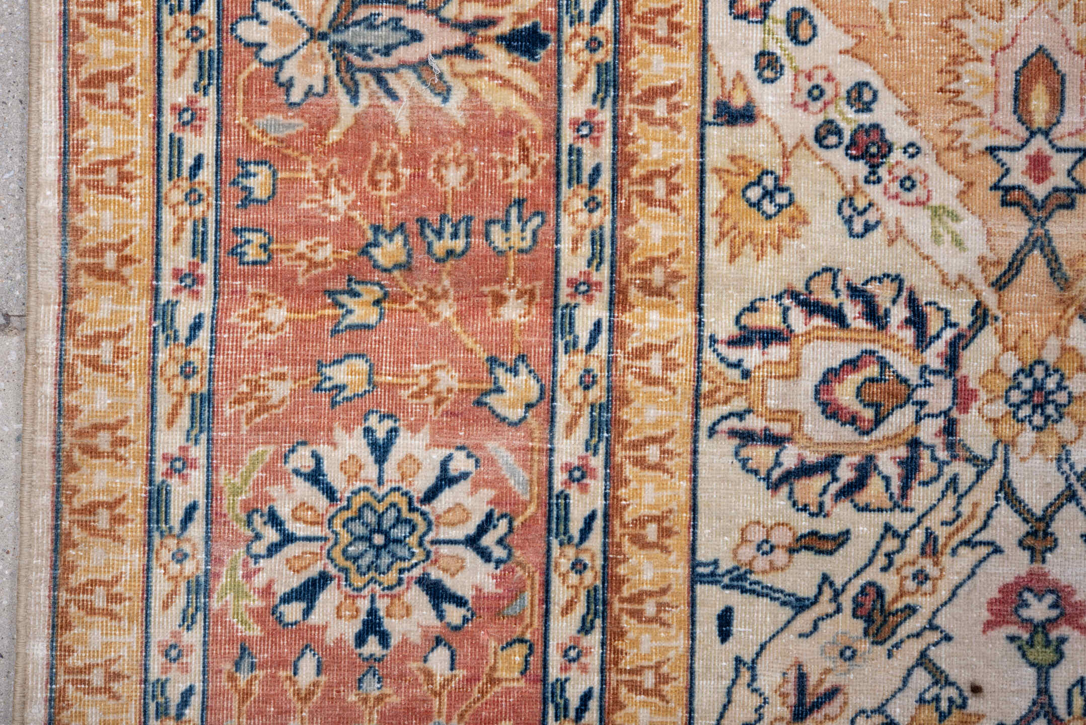 4' x 9' one-of-a-kind handmade vintage Tabriz runner rug. Color palette: ivory, salmon, blue, gold, rose, taupe, navy, pink