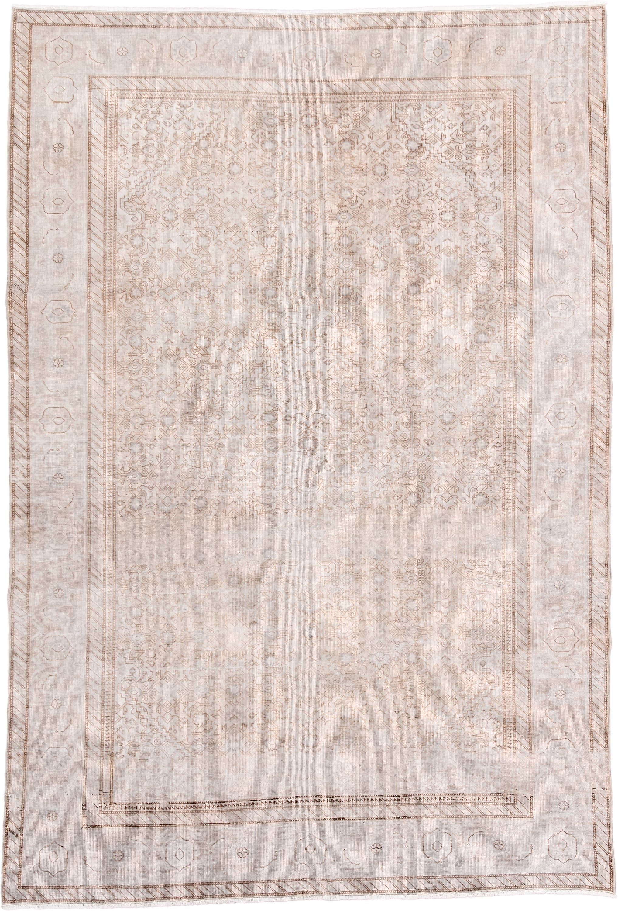 6' x 8' one-of-a-kind handmade antique Tabriz medium size rug. Color palette: ivory, beige, taupe, camel, cream, gray