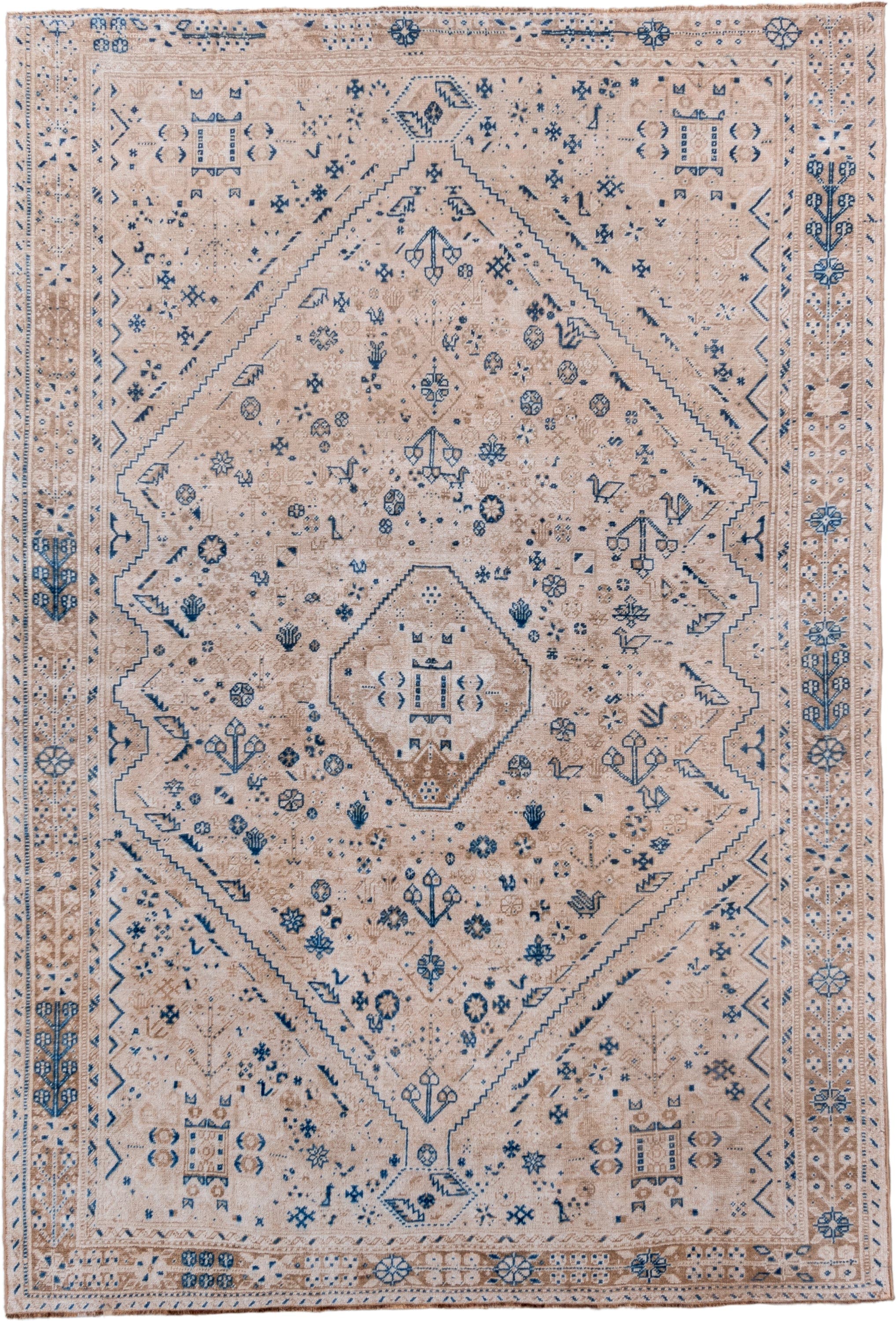 7' x 10' one-of-a-kind handmade vintage Shiraz large size rug. Color palette: ivory, blue, beige, camel, taupe, gray