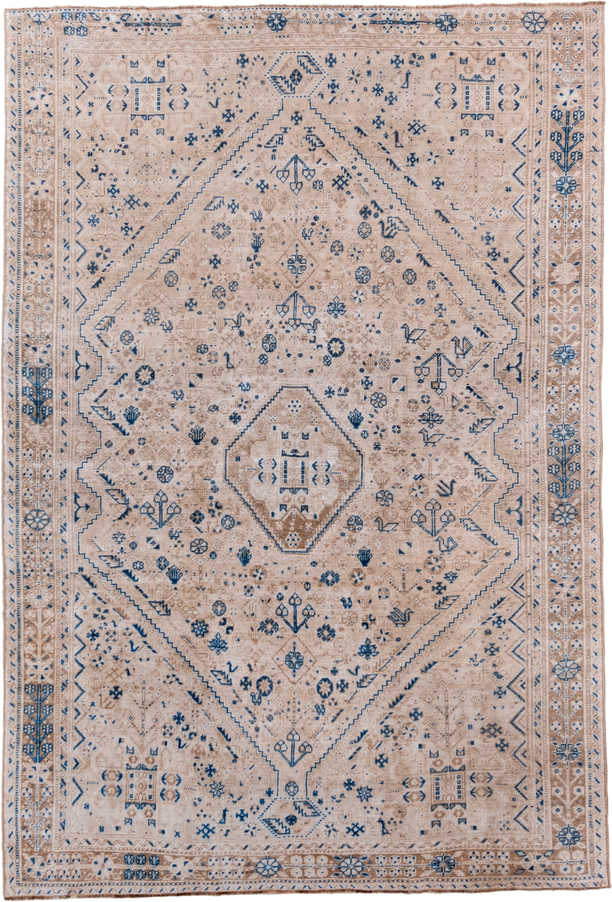 7' x 10' one-of-a-kind handmade vintage Shiraz large size rug. Color palette: ivory, blue, beige, camel, taupe, gray