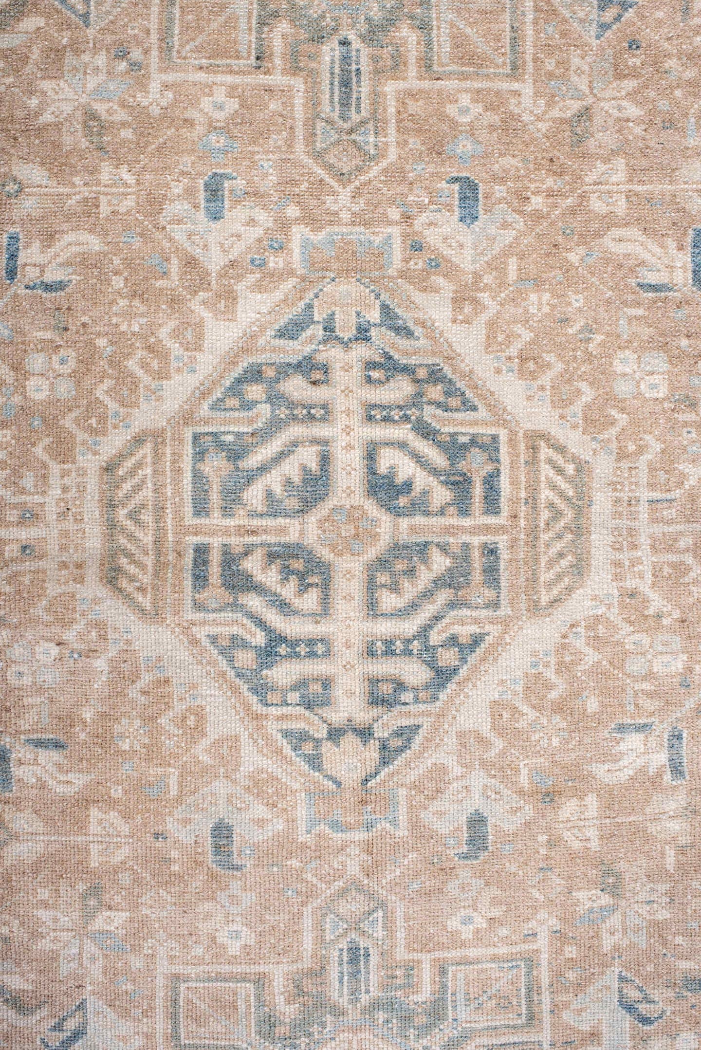 4' x 6' one-of-a-kind handmade antique Karaje rug. Color palette: camel, powder_blue, ivory, taupe, slate, beige, light blue