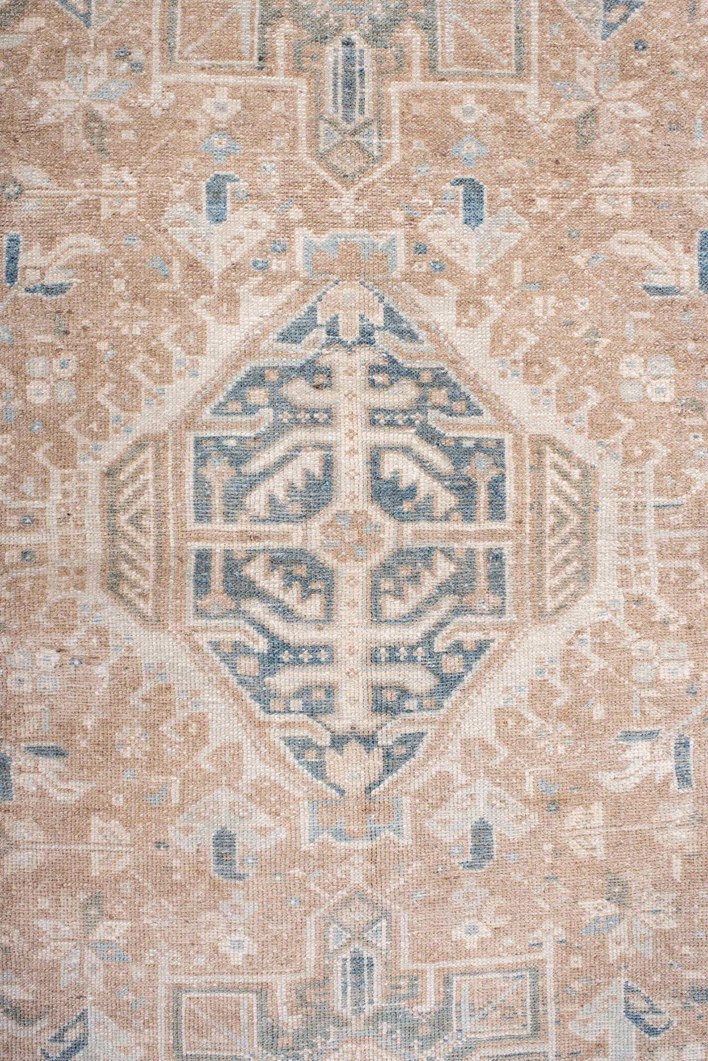 4' x 6' one-of-a-kind handmade antique Karaje rug. Color palette: camel, powder_blue, ivory, taupe, slate, beige, light blue