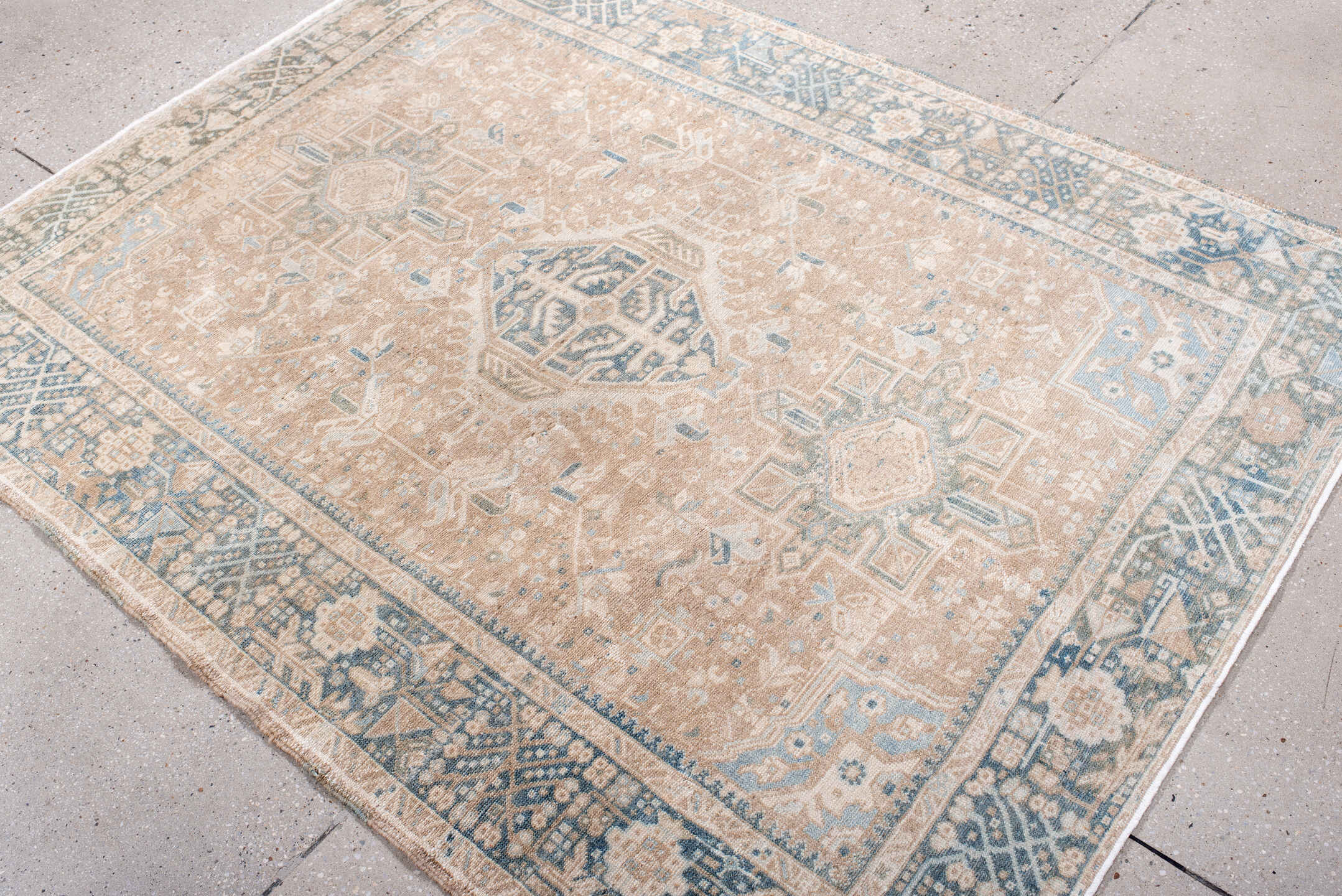 4' x 6' one-of-a-kind handmade antique Karaje rug. Color palette: camel, powder_blue, ivory, taupe, slate, beige, light blue