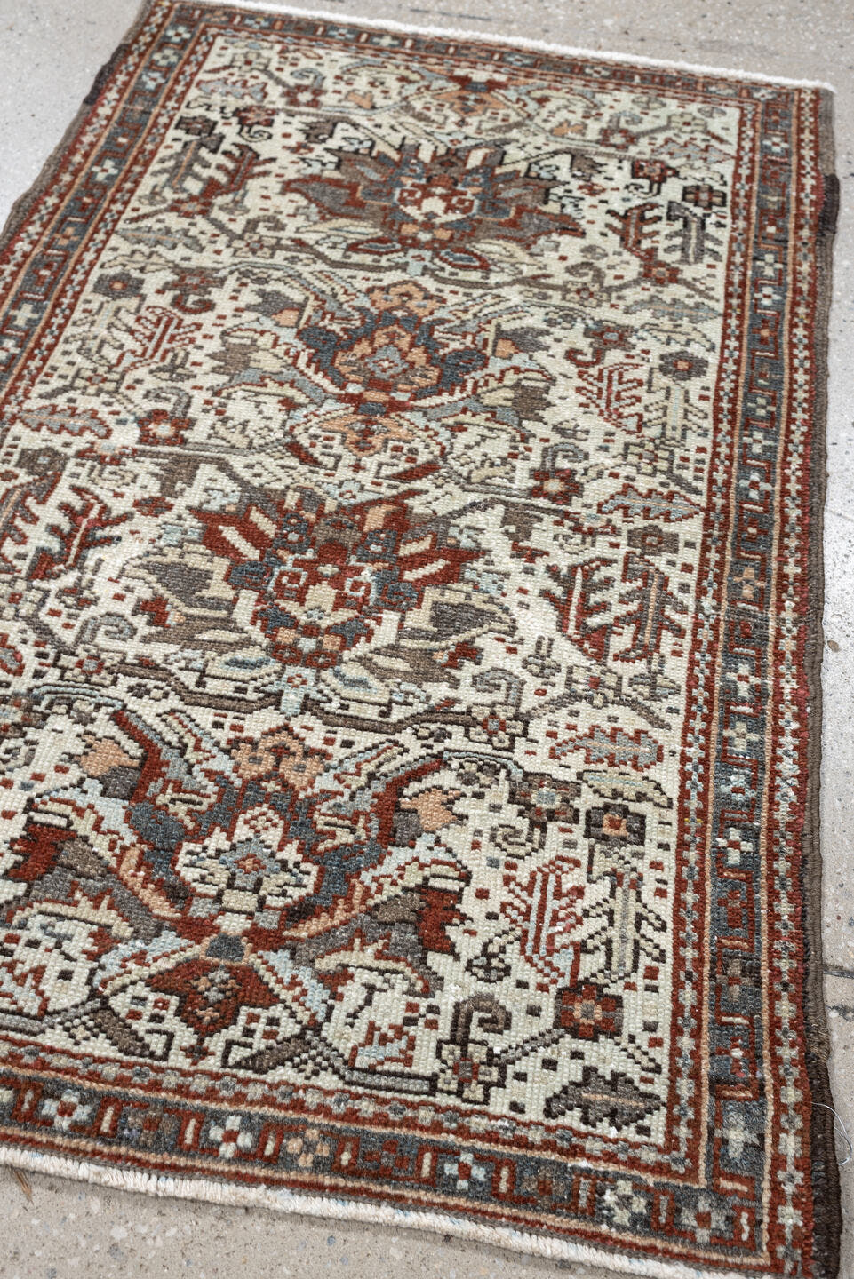 2' x 3' one-of-a-kind handmade antique Karaje small size rug. Color palette: ivory, rust, slate blue, taupe, deep brown