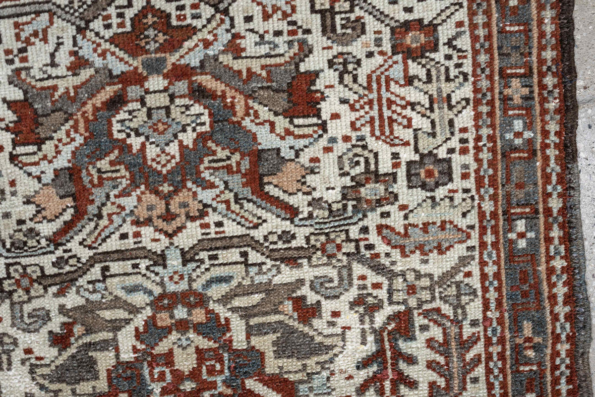 2' x 3' one-of-a-kind handmade antique Karaje small size rug. Color palette: ivory, rust, slate blue, taupe, deep brown