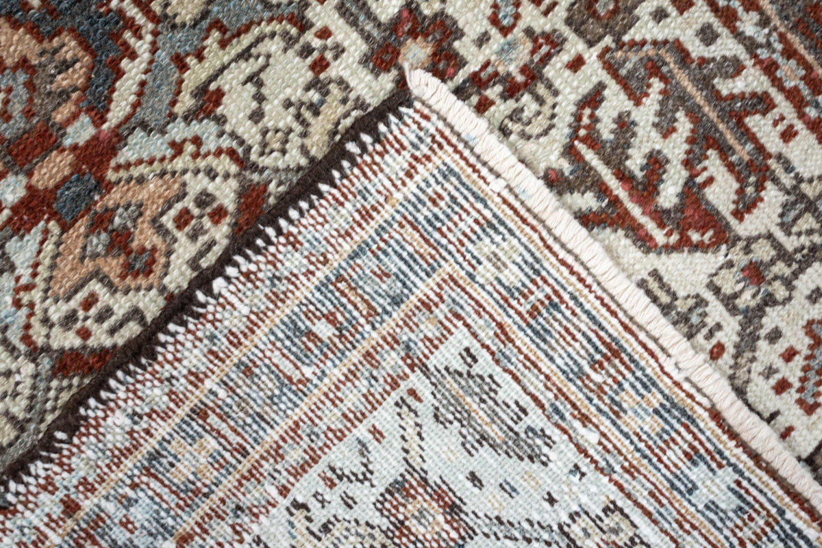 2' x 3' one-of-a-kind handmade antique Karaje small size rug. Color palette: ivory, rust, slate blue, taupe, deep brown