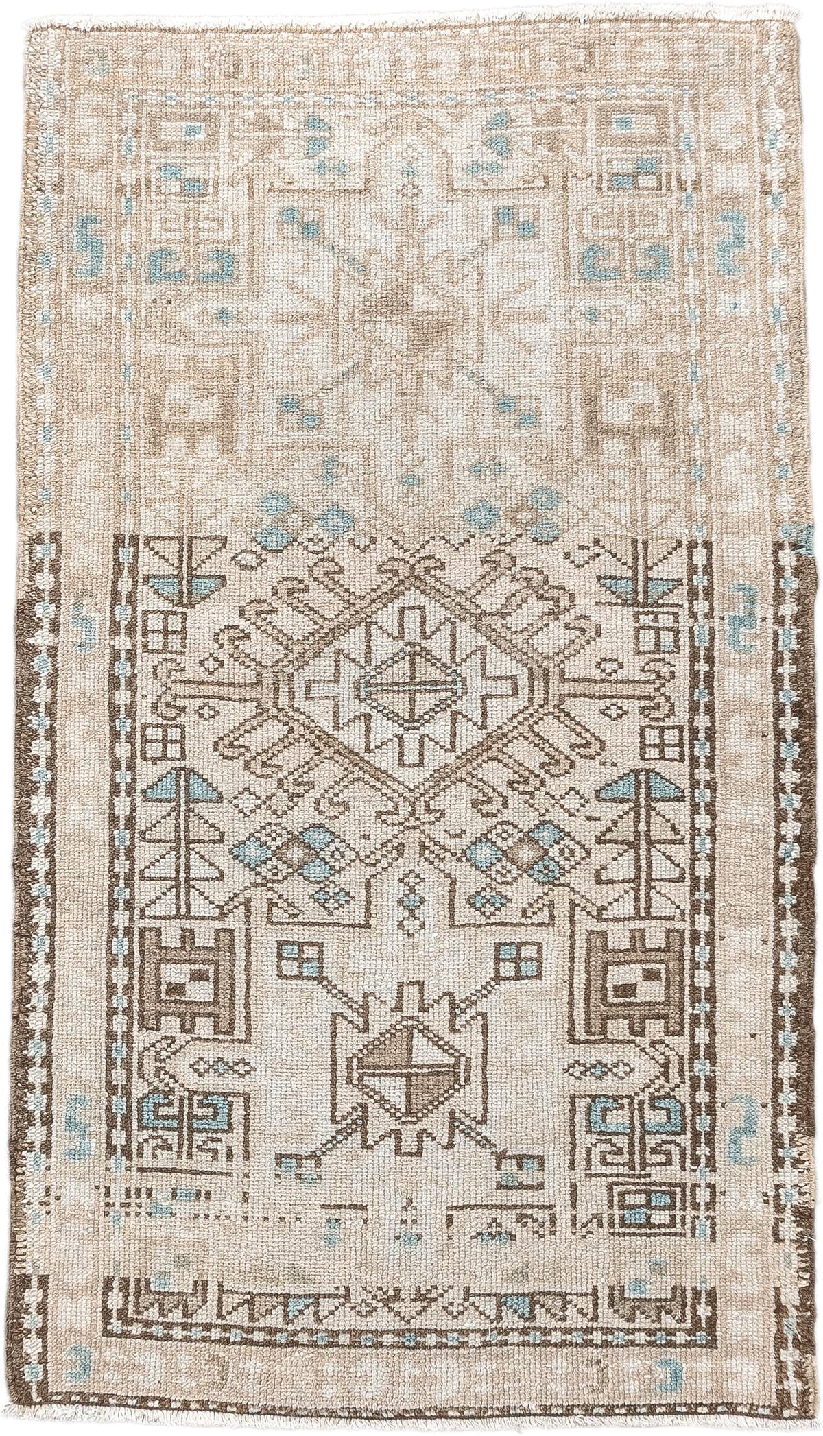 2' x 4' one-of-a-kind handmade antique Karaje small size rug. Color palette: ivory, sand, light aqua, taupe, brown, beige