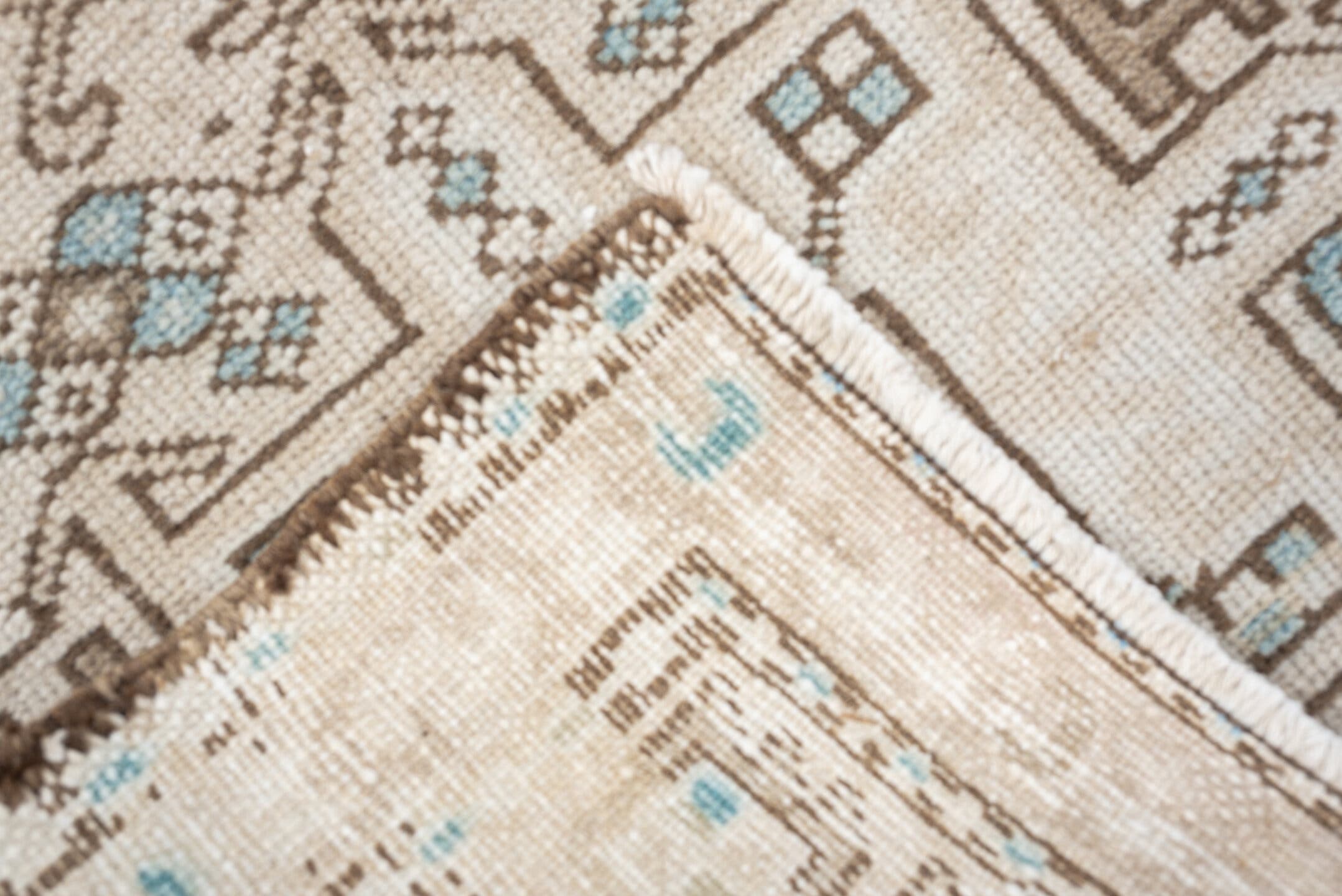 2' x 4' one-of-a-kind handmade antique Karaje small size rug. Color palette: ivory, sand, light aqua, taupe, brown, beige