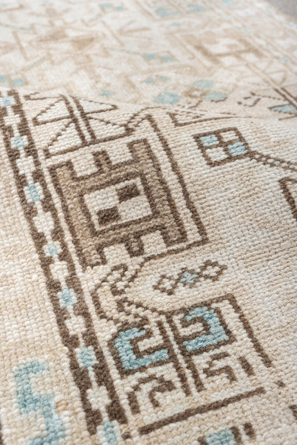 2' x 4' one-of-a-kind handmade antique Karaje small size rug. Color palette: ivory, sand, light aqua, taupe, brown, beige