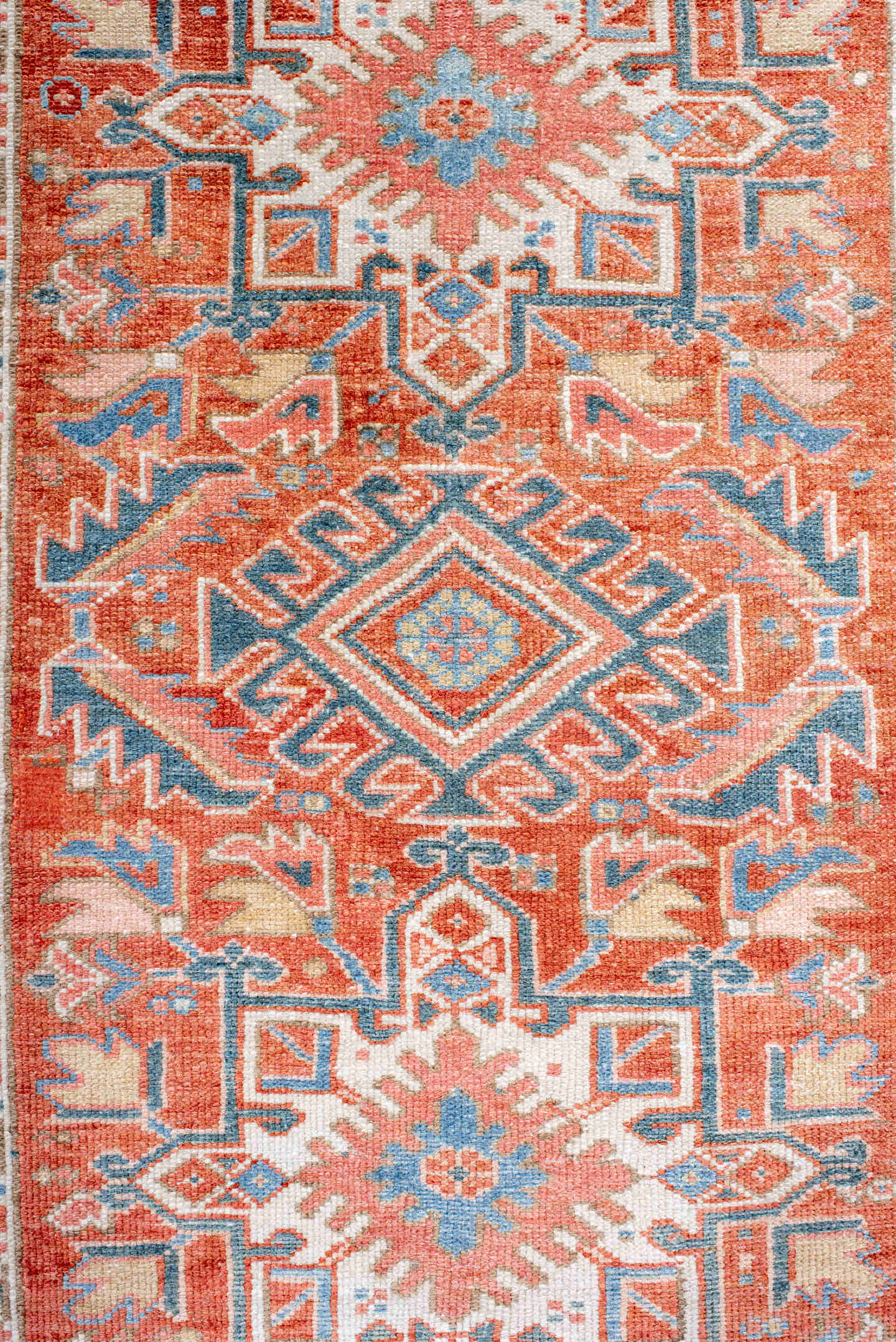 2' x 4' one-of-a-kind handmade antique Karaje small size rug. Color palette: rust, sky blue, ivory, coral, slate, cream