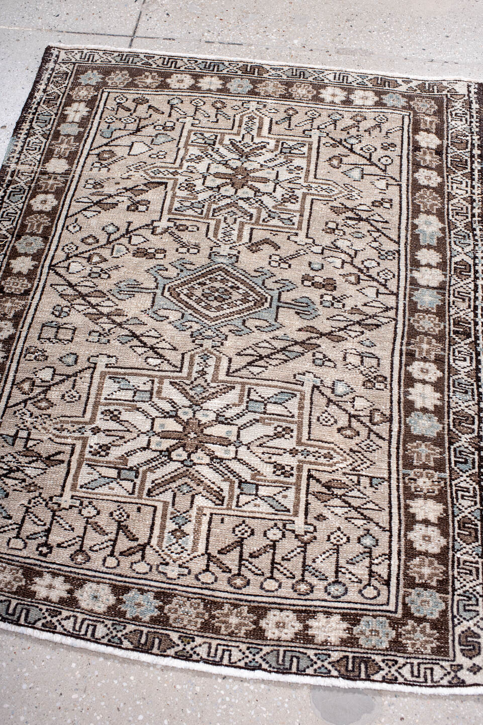 3' x 4' one-of-a-kind handmade antique Karaje small size rug. Color palette: ivory, brown, taupe, light blue, charcoal