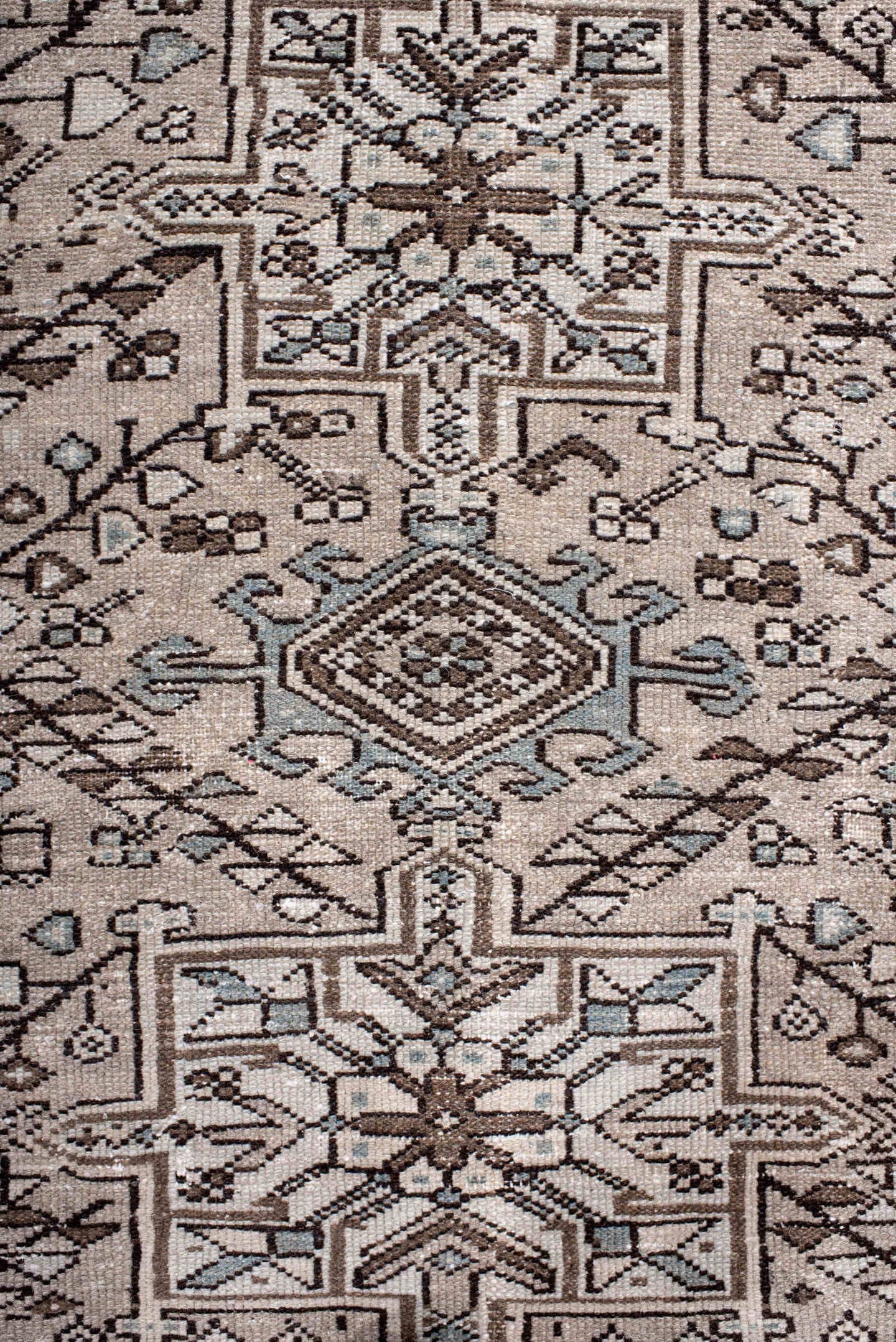 3' x 4' one-of-a-kind handmade antique Karaje small size rug. Color palette: ivory, brown, taupe, light blue, charcoal