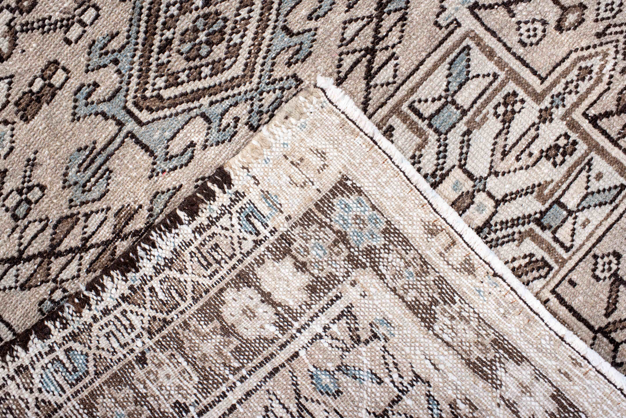 3' x 4' one-of-a-kind handmade antique Karaje small size rug. Color palette: ivory, brown, taupe, light blue, charcoal