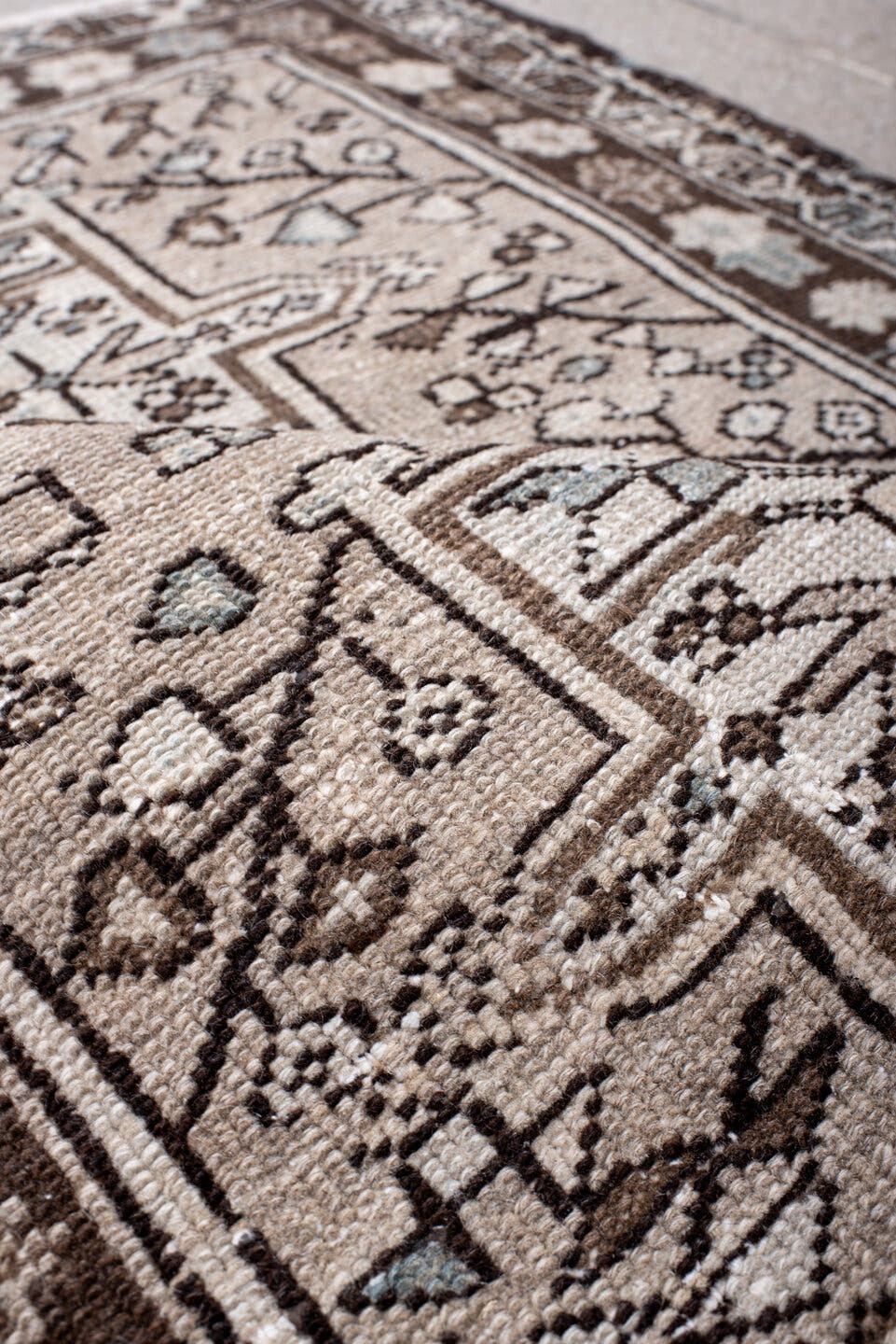 3' x 4' one-of-a-kind handmade antique Karaje small size rug. Color palette: ivory, brown, taupe, light blue, charcoal