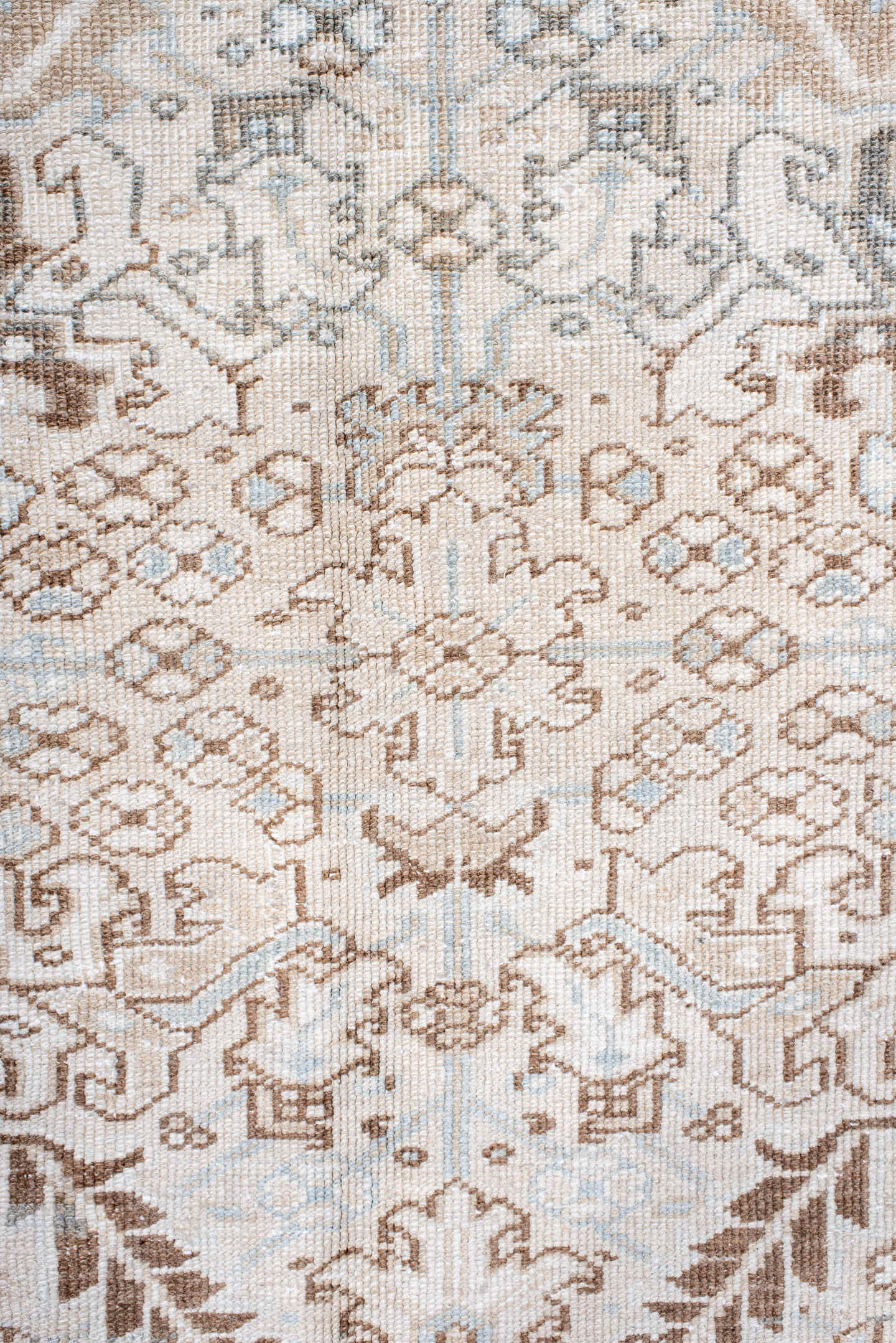7' x 11' one-of-a-kind handmade antique Heriz large size rug. Color palette: ivory, taupe, light blue, camel, brown, cream