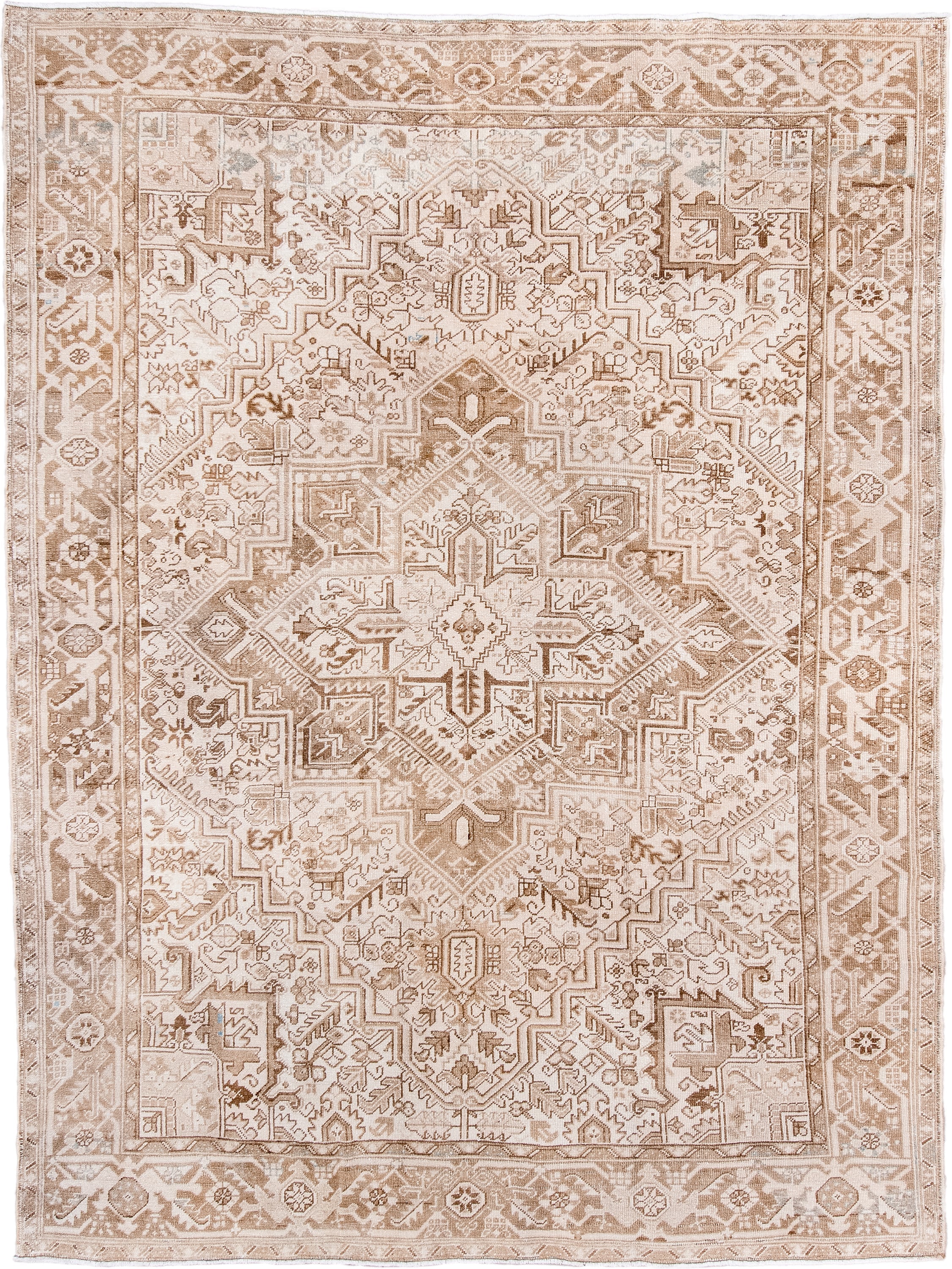 7' x 9' one-of-a-kind handmade antique Heriz rug. Color palette: ivory, camel, taupe, beige, sand, gray