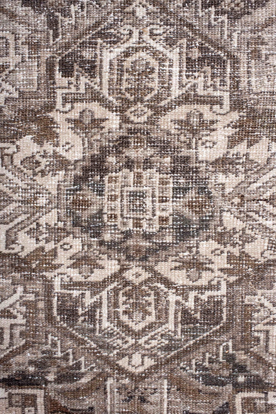 6' x 8' one-of-a-kind handmade antique Heriz medium size rug. Color palette: taupe, ivory, brown, rose, charcoal, beige