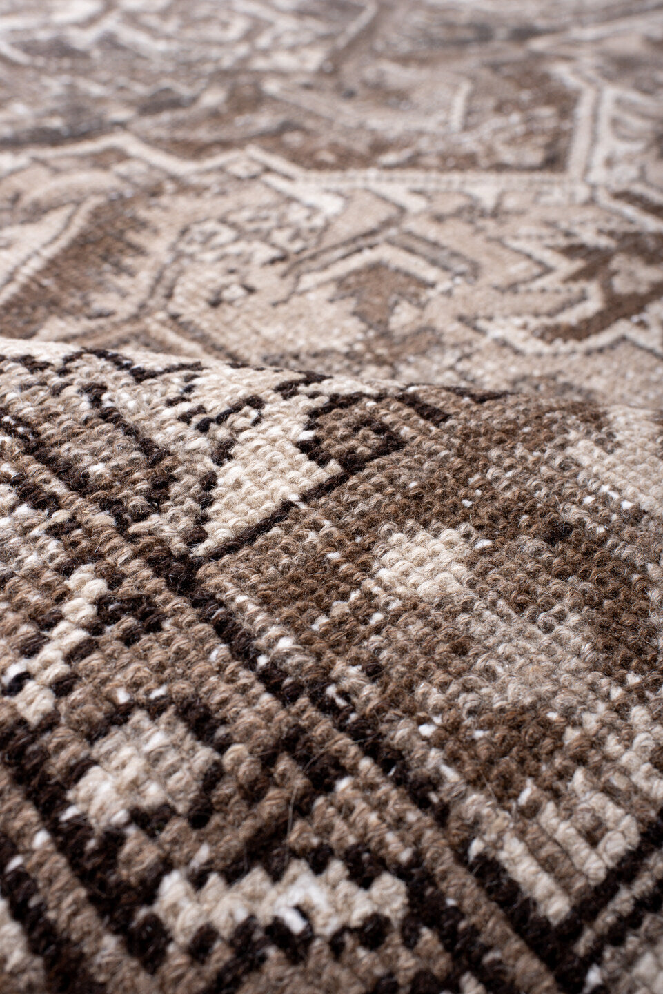 6' x 8' one-of-a-kind handmade antique Heriz medium size rug. Color palette: taupe, ivory, brown, rose, charcoal, beige
