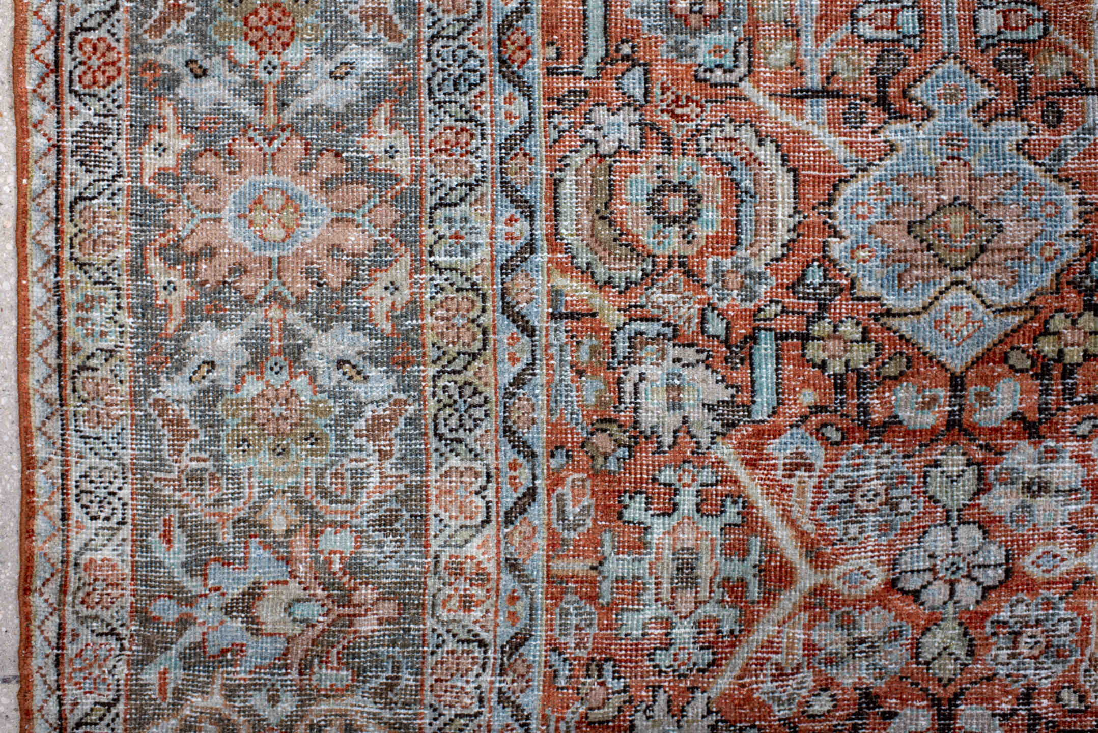 7' x 8' one-of-a-kind handmade antique Mahal rug. Color palette: terra cotta, charcoal, ivory, slate, rust, taupe, sage
