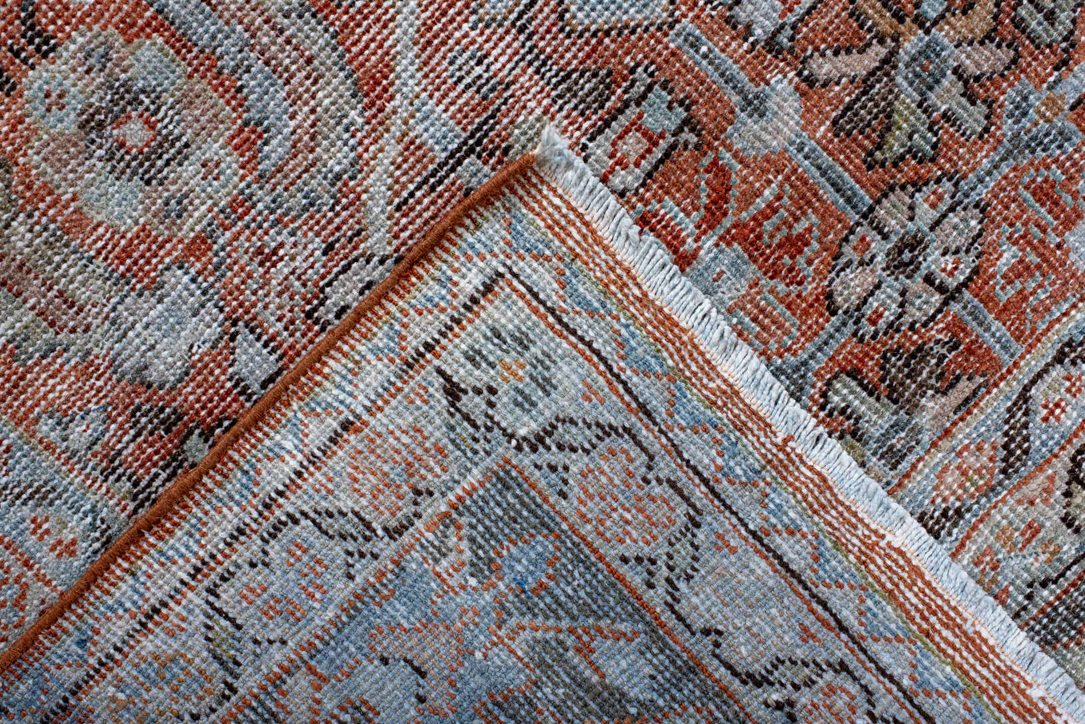 7' x 8' one-of-a-kind handmade antique Mahal rug. Color palette: terra cotta, charcoal, ivory, slate, rust, taupe, sage