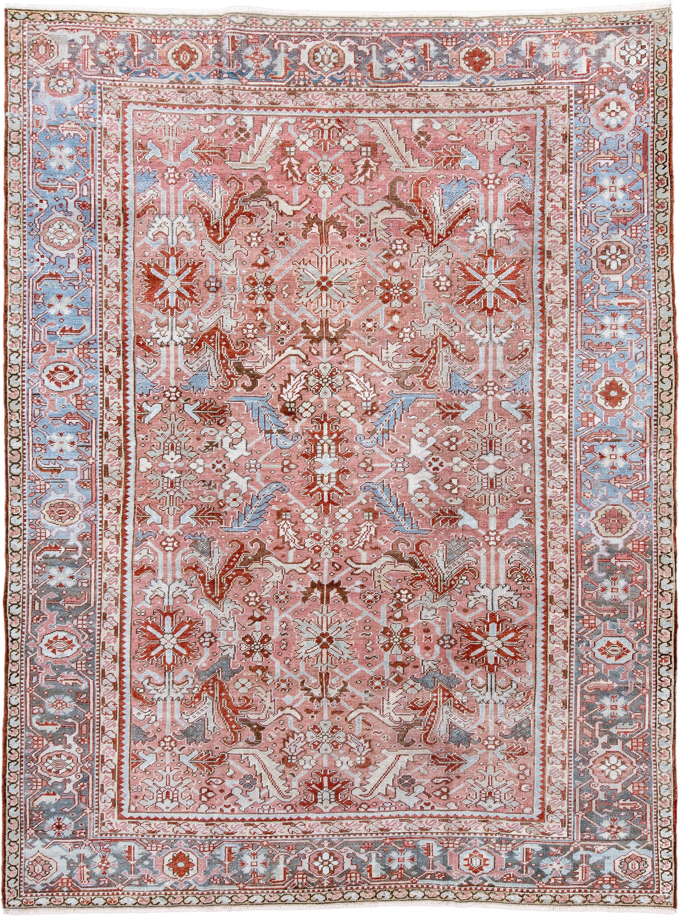 8' x 10' one-of-a-kind handmade antique Heriz large size rug. Color palette: rose, sky blue, ivory, terra cotta, rust, taupe