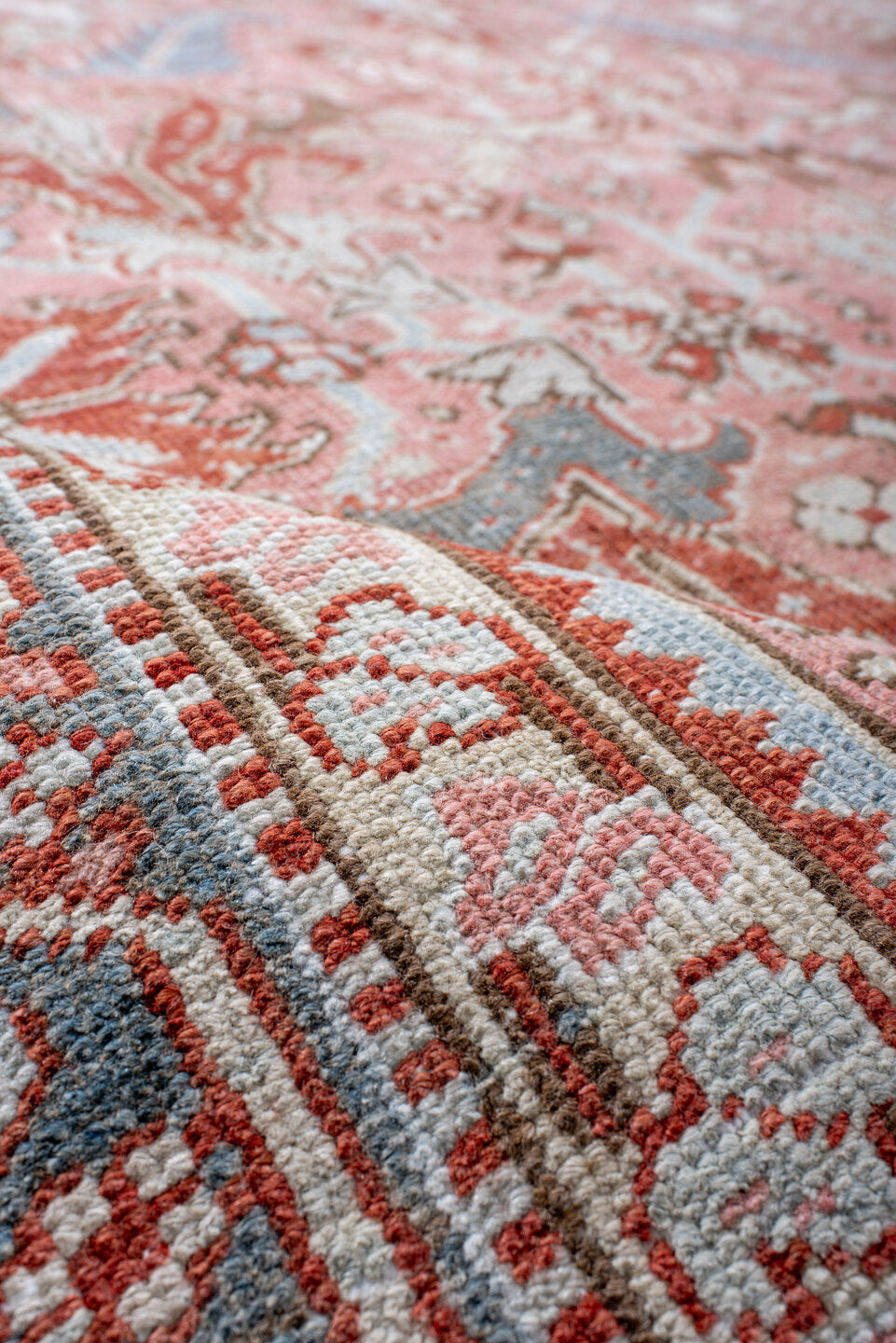 8' x 10' one-of-a-kind handmade antique Heriz large size rug. Color palette: rose, sky blue, ivory, terra cotta, rust, taupe
