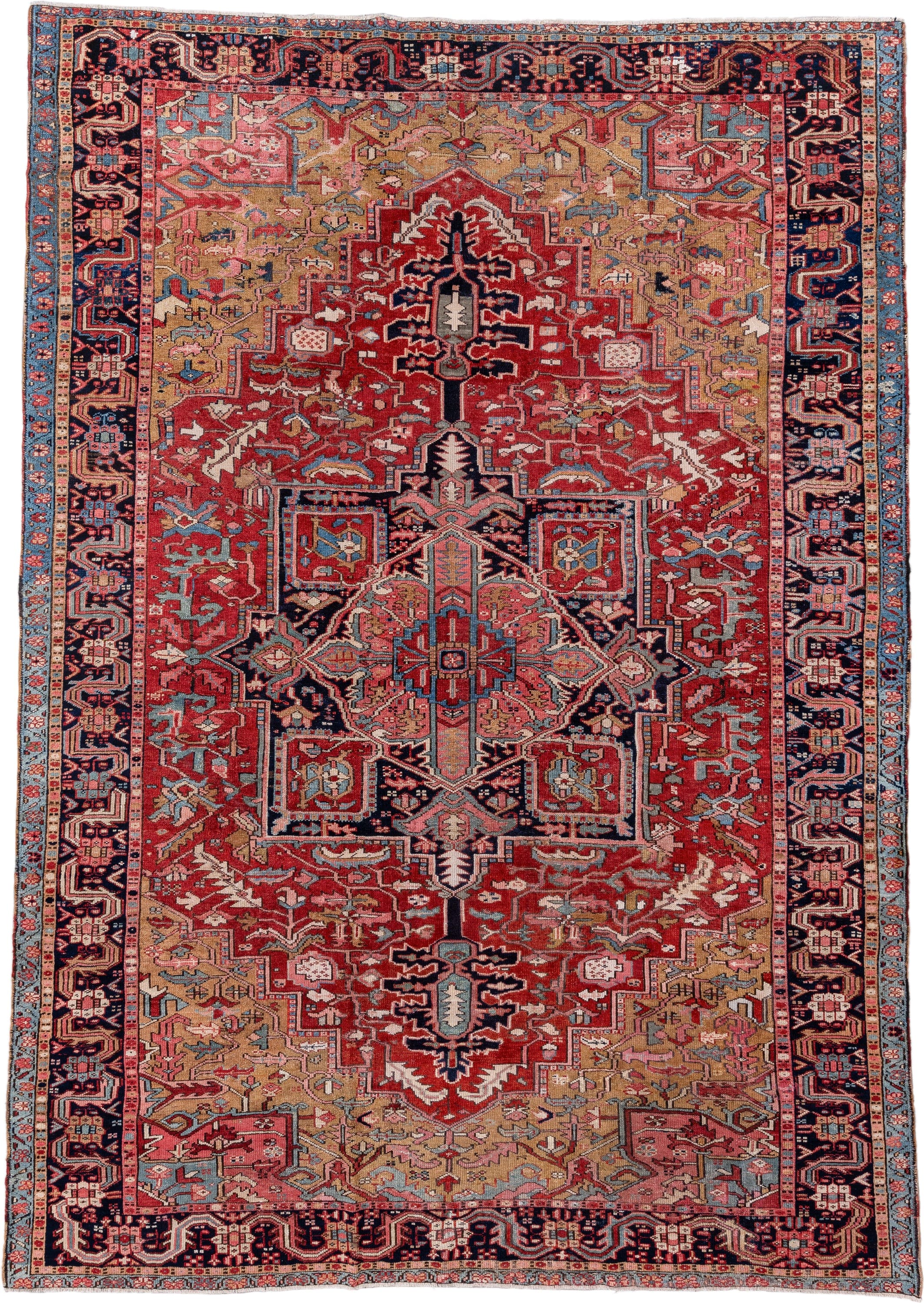 8' x 11' one-of-a-kind handmade vintage Heriz large size rug. Color palette: red, navy, camel, sky_blue, ivory, rose