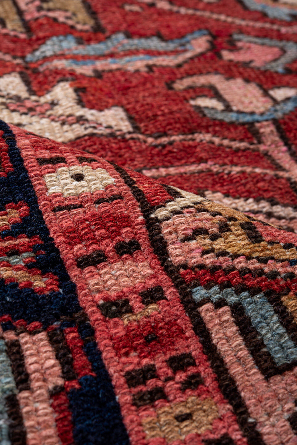 8' x 11' one-of-a-kind handmade vintage Heriz large size rug. Color palette: red, navy, camel, sky_blue, ivory, rose