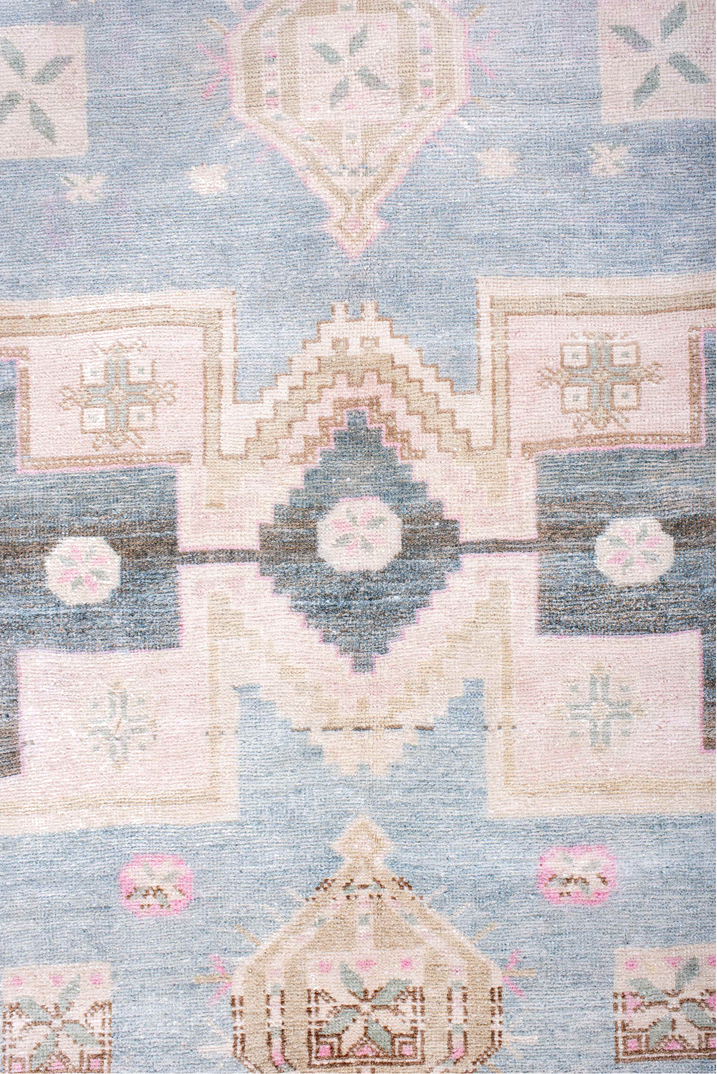5' x 12' one-of-a-kind handmade vintage Ardebil rug. Color palette: blue, brown, gray, light blue, light gray