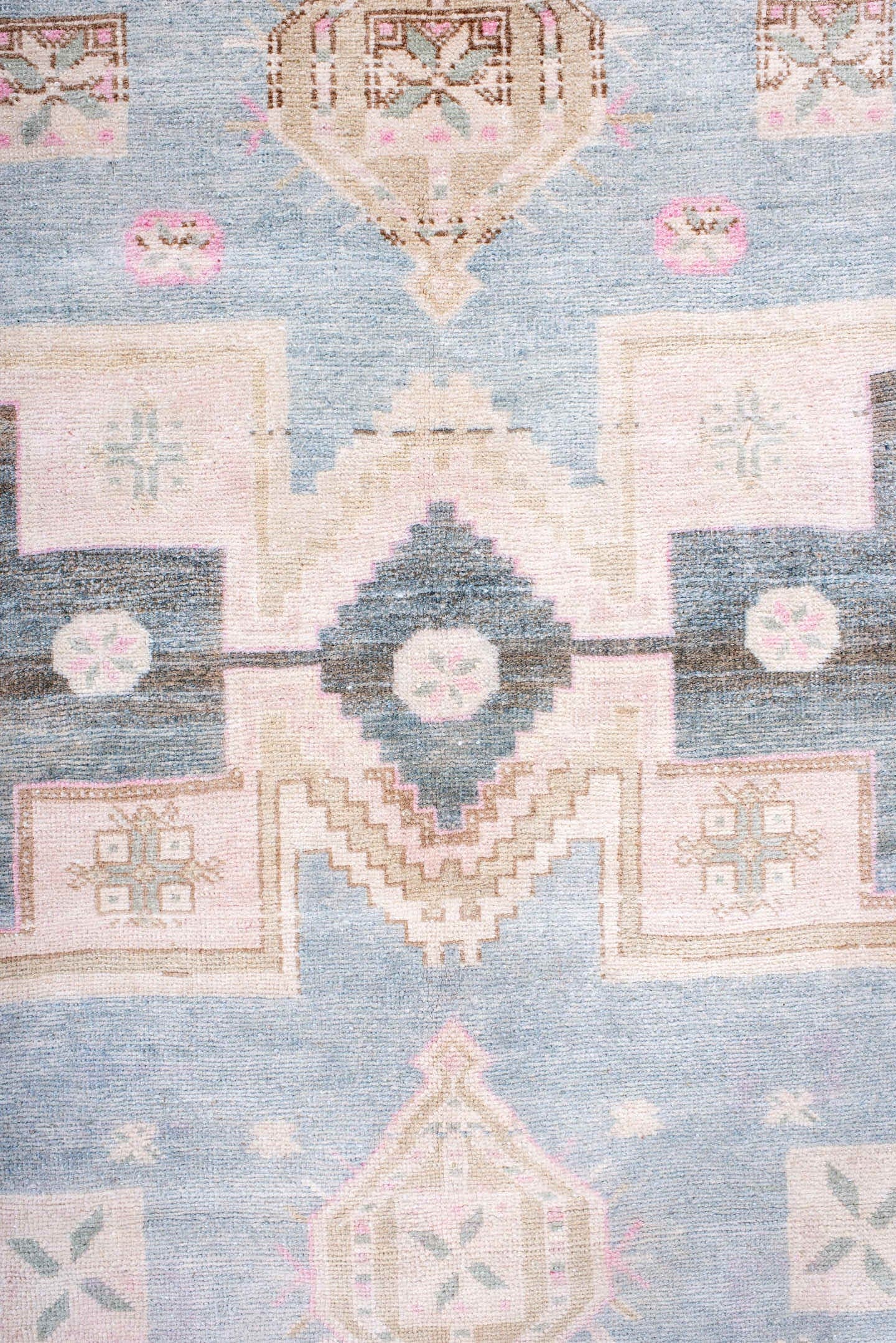5' x 12' one-of-a-kind handmade antique Ardebil rug. Color palette: ivory, pale blue, blush, taupe, camel, charcoal