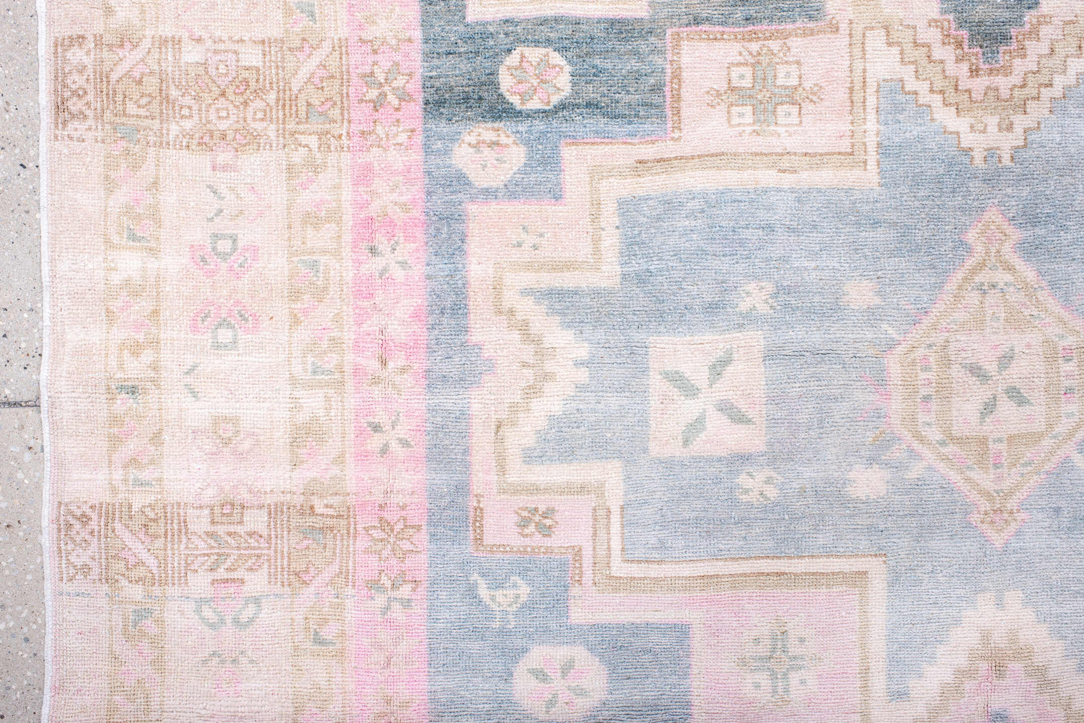 5' x 12' one-of-a-kind handmade antique Ardebil rug. Color palette: ivory, pale blue, blush, taupe, camel, charcoal