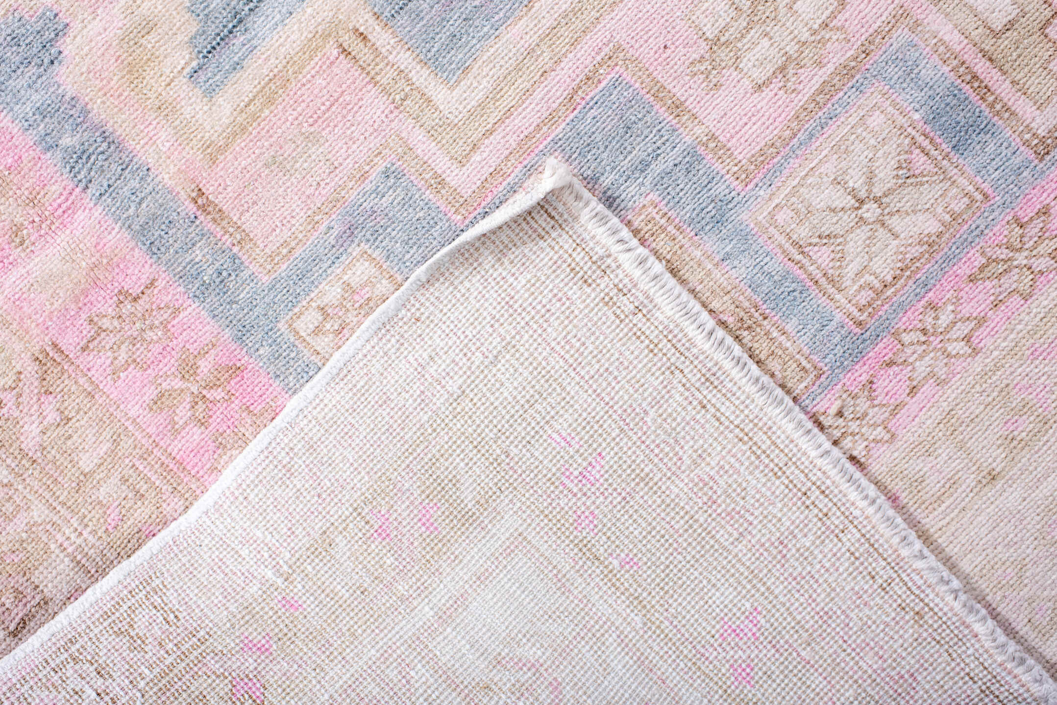 5' x 12' one-of-a-kind handmade antique Ardebil rug. Color palette: ivory, pale blue, blush, taupe, camel, charcoal