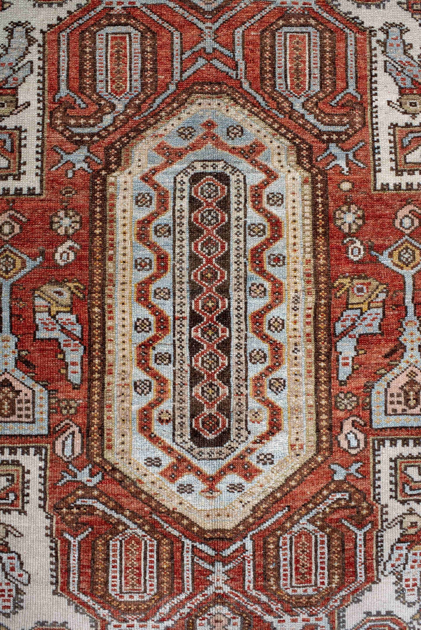 4' x 6' one-of-a-kind handmade antique Malayer small size rug. Color palette: ivory, rust, sky blue, brown, terracotta