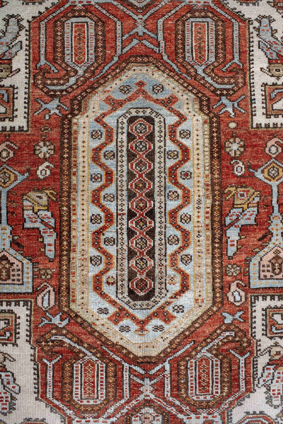4' x 6' one-of-a-kind handmade antique Malayer small size rug. Color palette: ivory, rust, sky blue, brown, terracotta