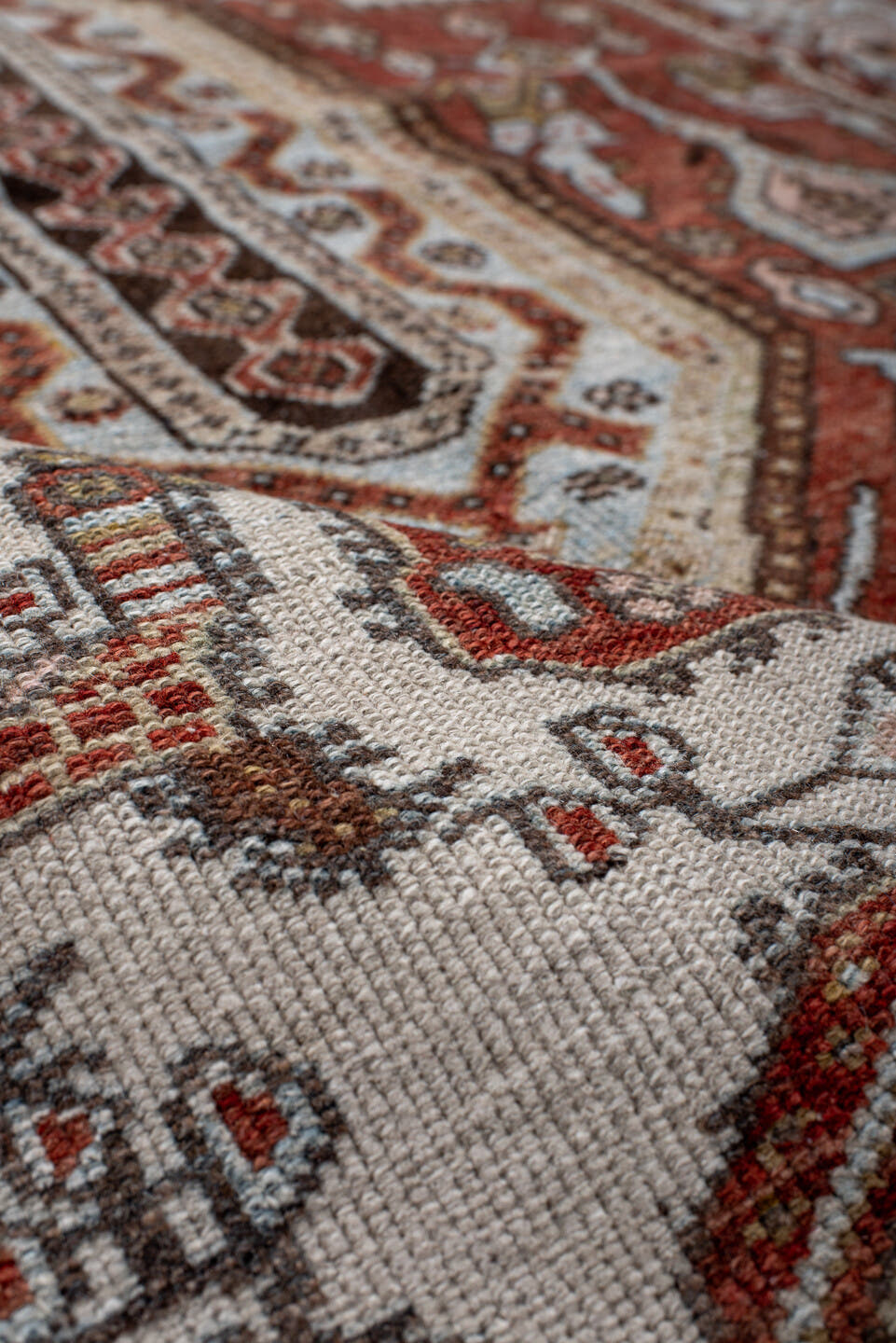 4' x 6' one-of-a-kind handmade antique Malayer small size rug. Color palette: ivory, rust, sky blue, brown, terracotta