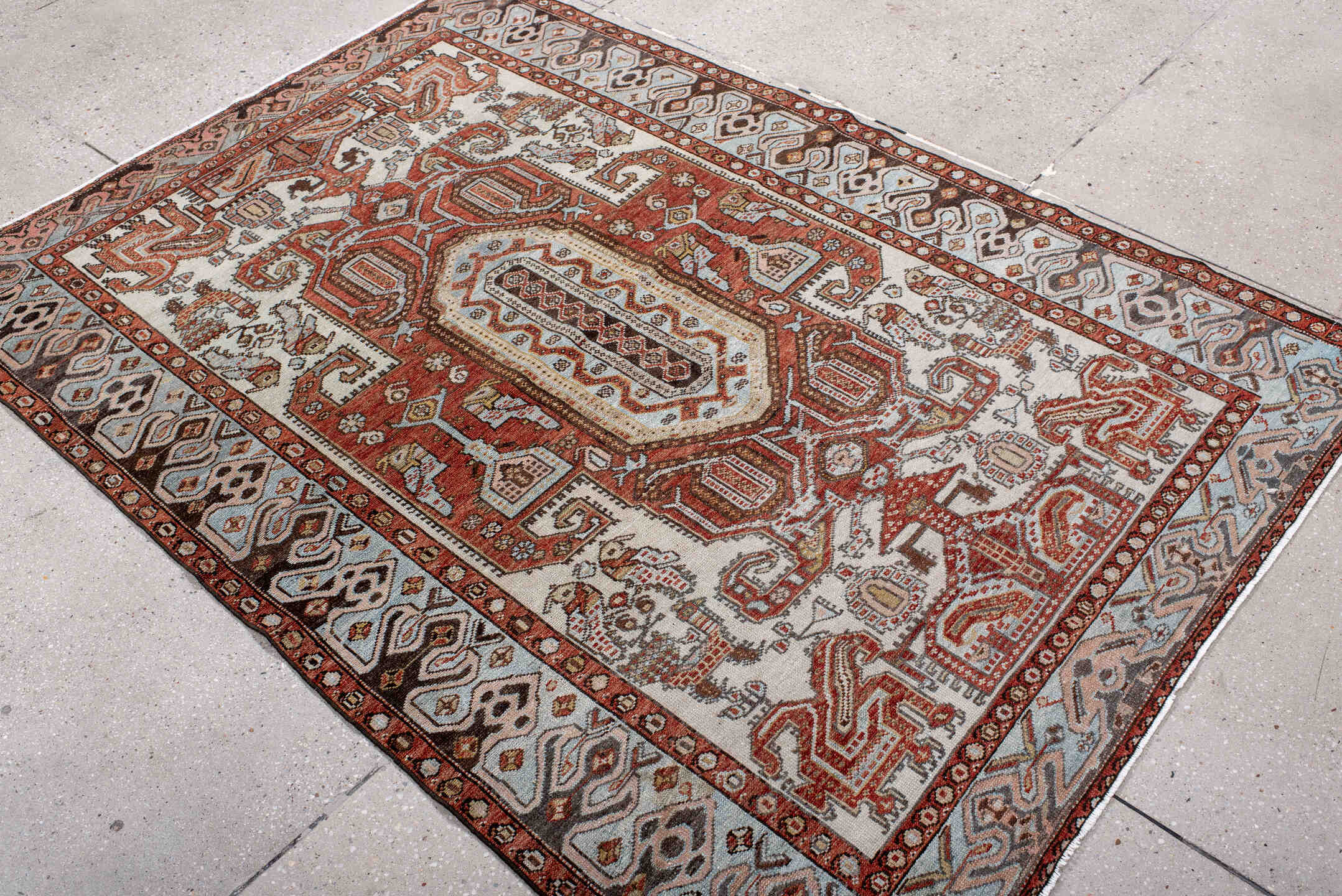4' x 6' one-of-a-kind handmade antique Malayer small size rug. Color palette: ivory, rust, sky blue, brown, terracotta