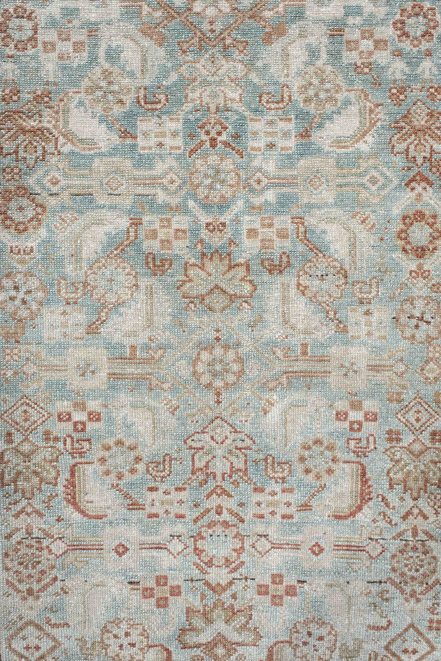 4' x 7' one-of-a-kind handmade vintage Malayer rug. Color palette: ivory, rust, pale blue, taupe, camel, rose, brown