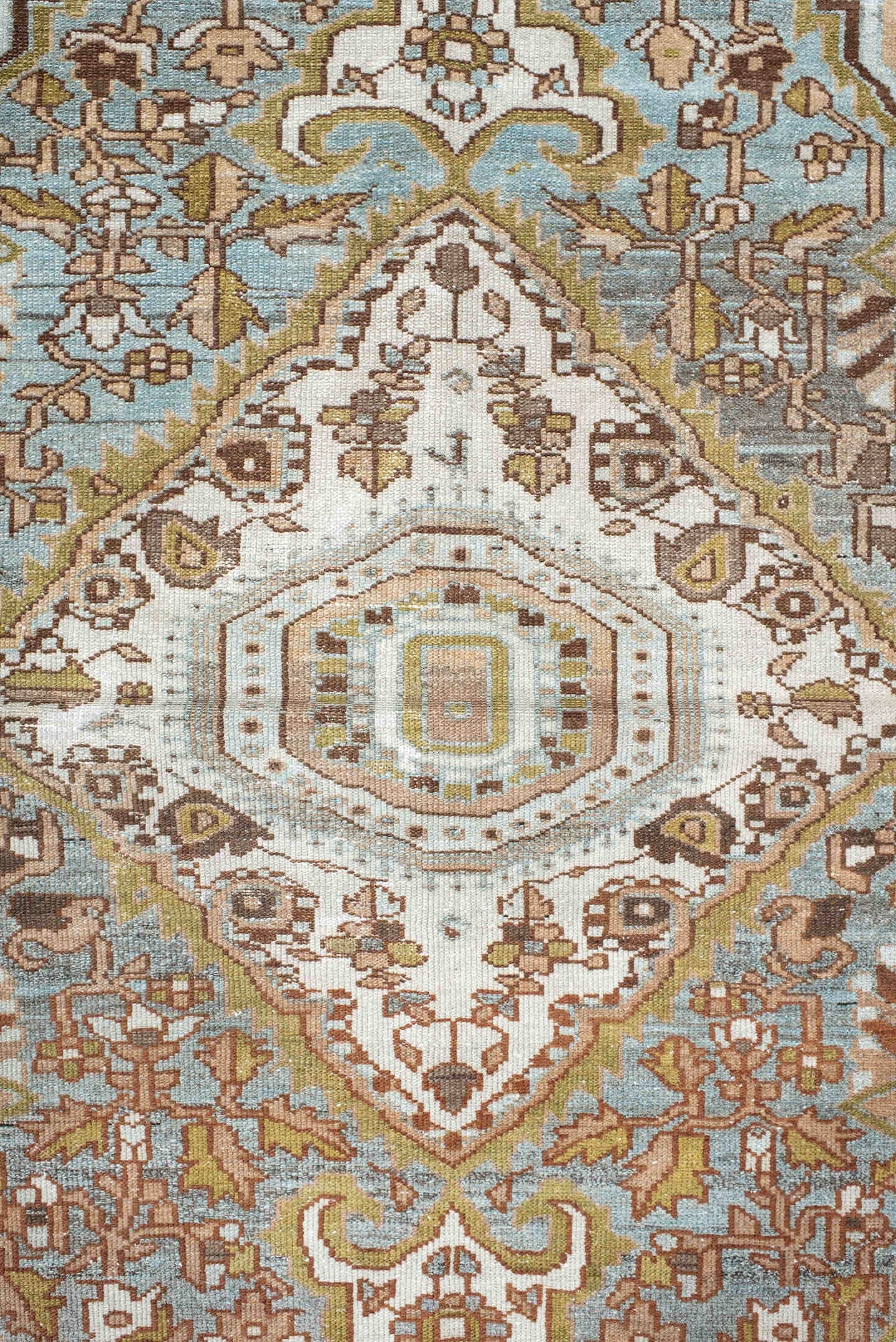 3' x 5' one-of-a-kind handmade vintage Malayer small size rug. Color palette: ivory, sky blue, brown, camel, olive, taupe