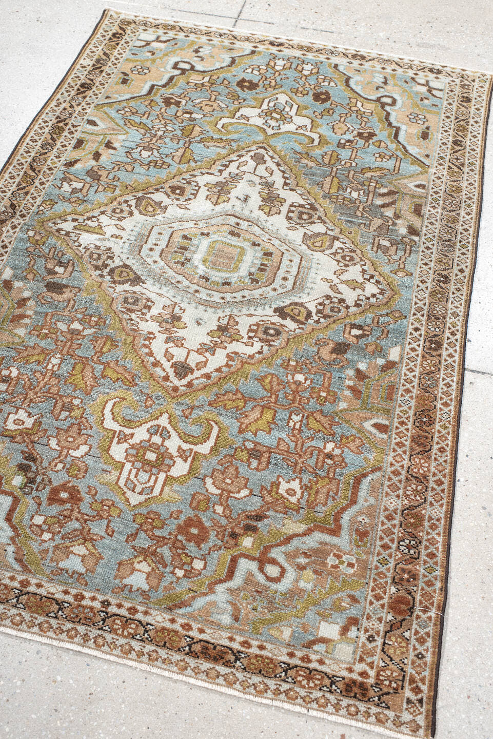 3' x 5' one-of-a-kind handmade vintage Malayer small size rug. Color palette: ivory, sky blue, brown, camel, olive, taupe