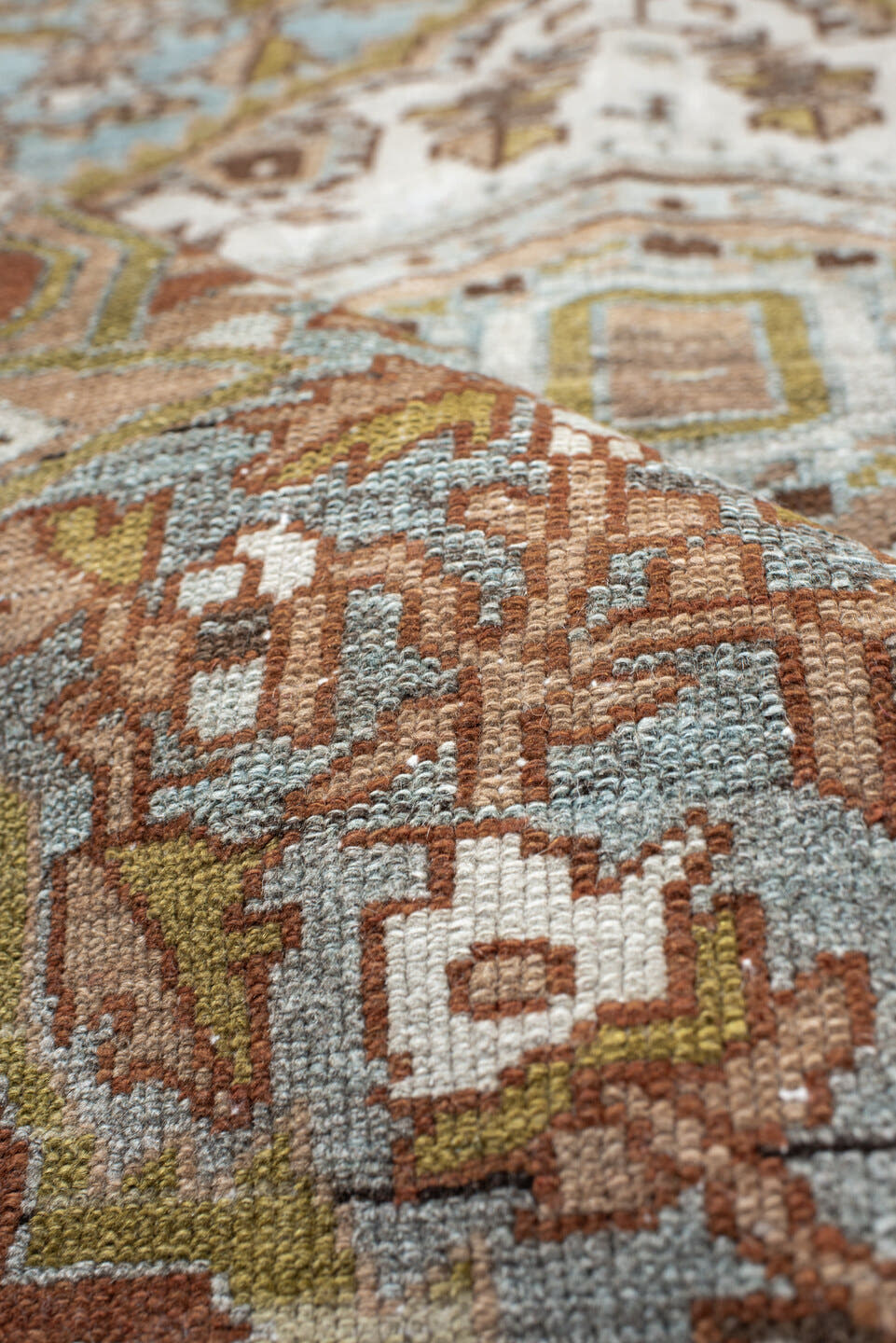 3' x 5' one-of-a-kind handmade vintage Malayer small size rug. Color palette: ivory, sky blue, brown, camel, olive, taupe