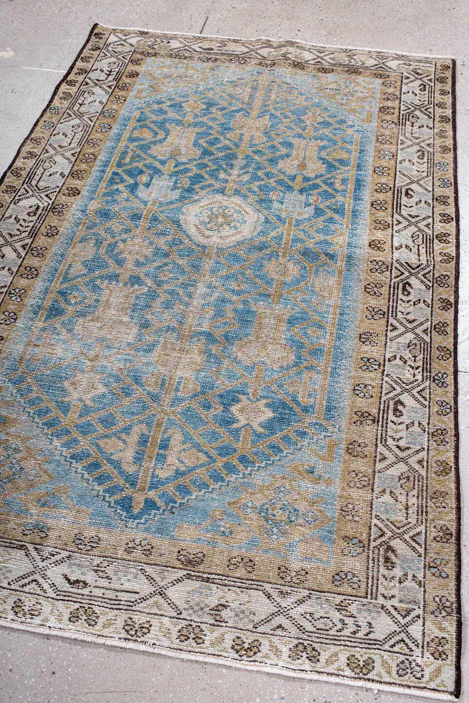 4' x 6' one-of-a-kind handmade antique Hamadan small size rug. Color palette: sky blue, ivory, taupe, brown, camel, charcoal