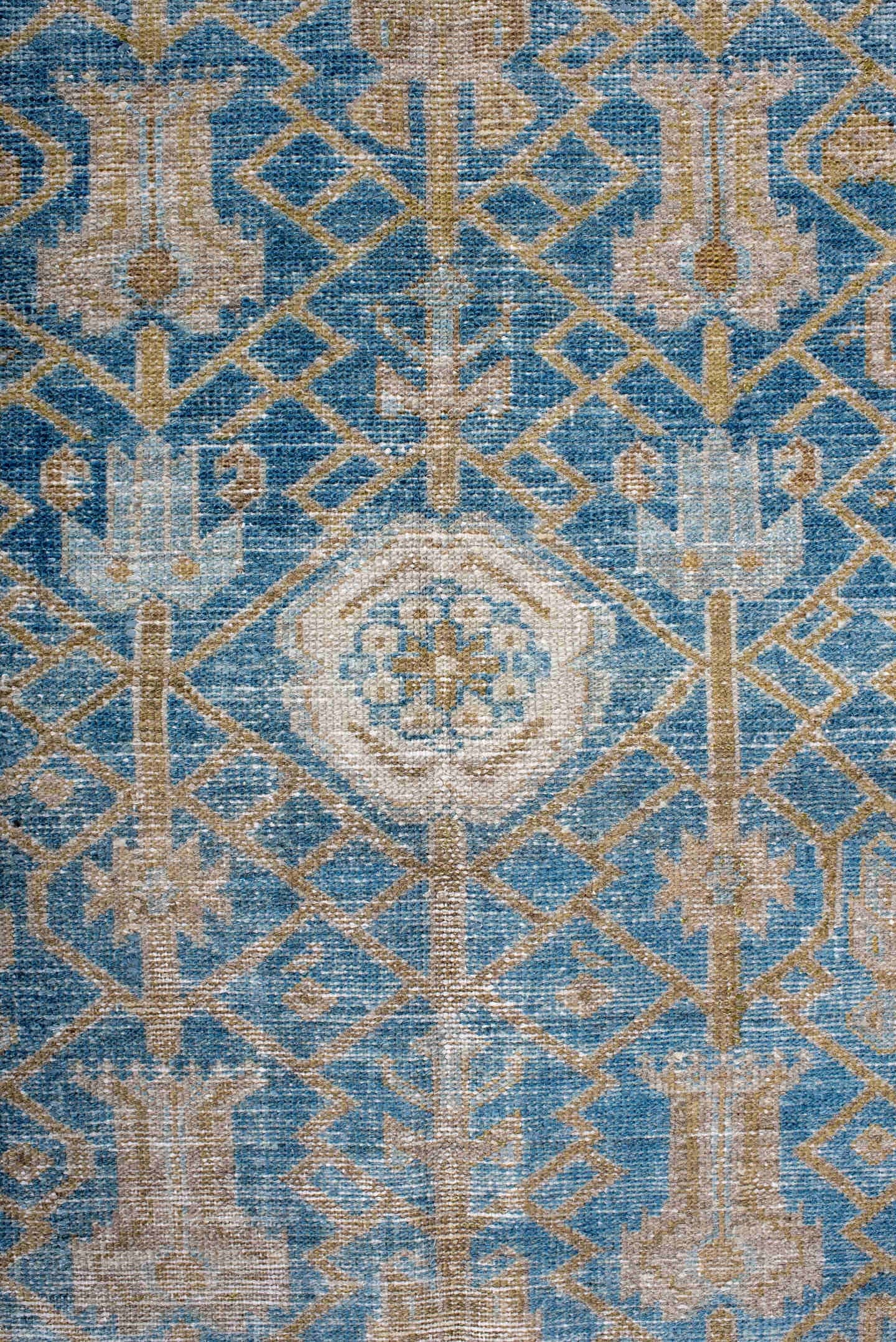 4' x 6' one-of-a-kind handmade antique Hamadan small size rug. Color palette: sky blue, ivory, taupe, brown, camel, charcoal